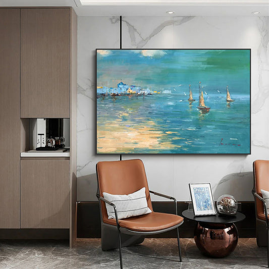 LANDSCAPE PAINTING, COASTAL CITY VIEW, HAND-PAINTED CANVAS