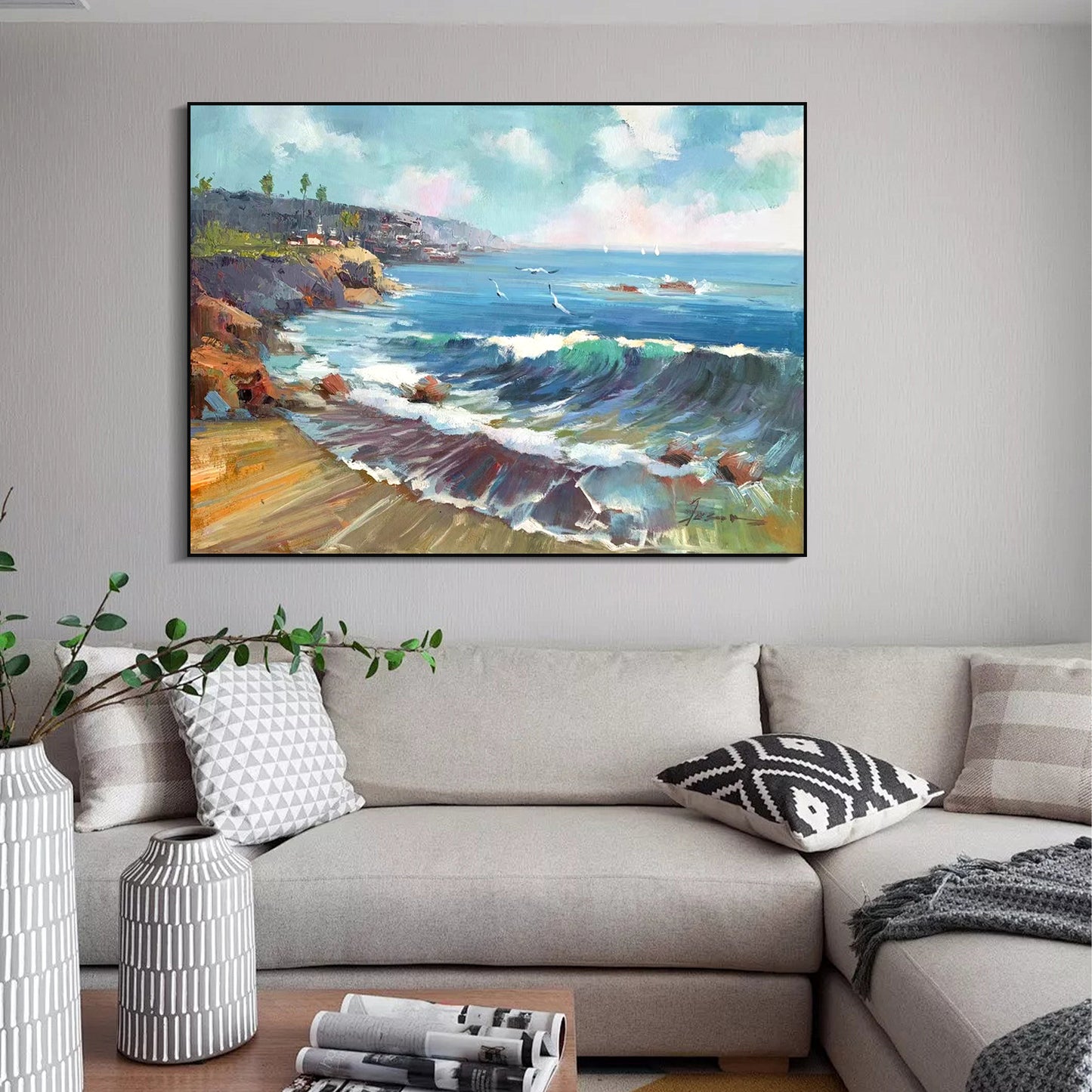 LANDSCAPE PAINTING, COASTLINE, HAND-PAINTED CANVAS