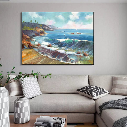 LANDSCAPE PAINTING, COASTLINE, HAND-PAINTED CANVAS