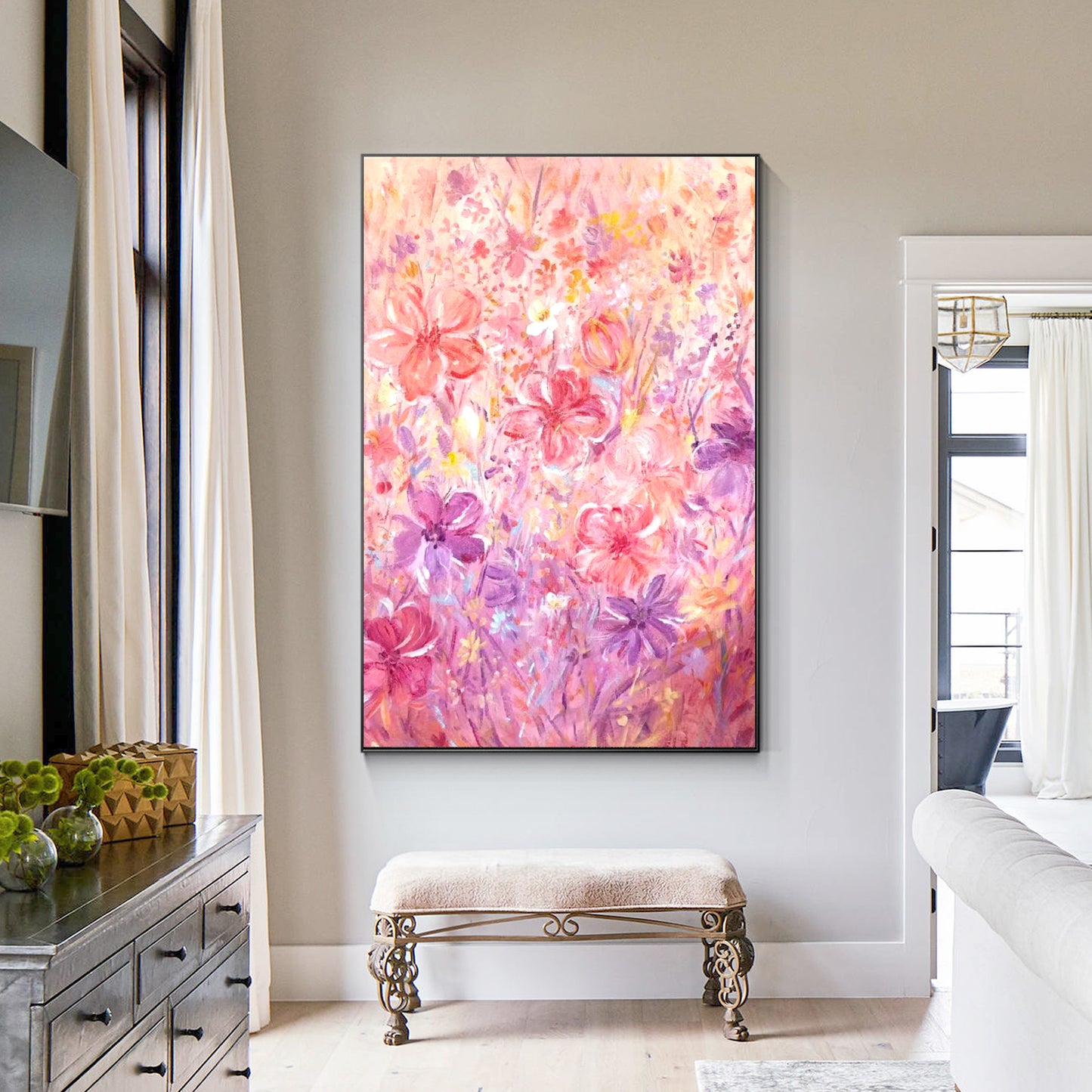 FLOWER PAINTING, PINK BLOOM, HAND-PAINTED CANVAS