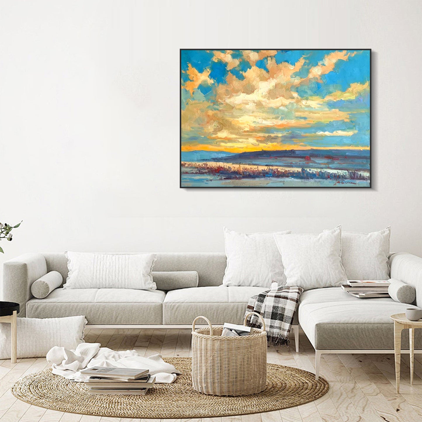 LANDSCAPE PAINTING, AFTERGLOW, HAND-PAINTED CANVAS