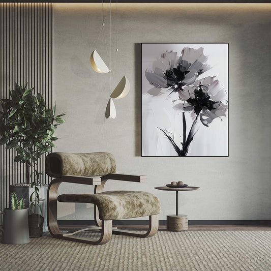 FLOWER PAINTING, HAND-PAINTED CANVAS, WHITE BLACK FLOWER