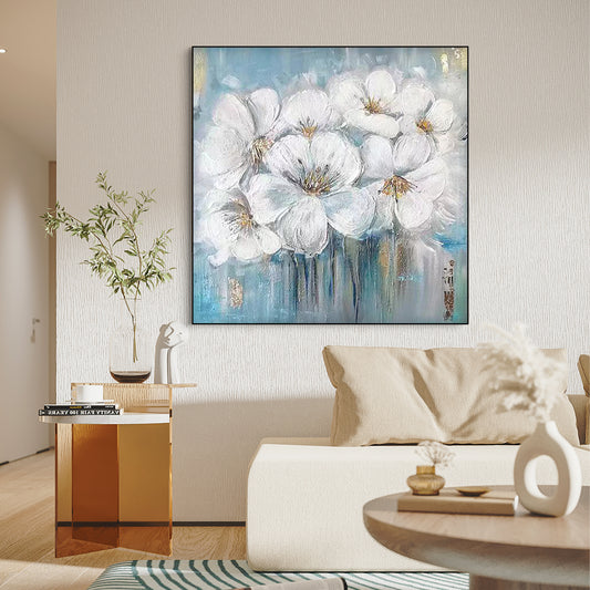 FLOWER PAINTING, WHITE FLOWER, HAND-PAINTED CANVAS