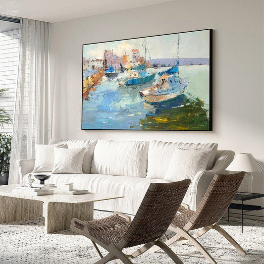 LANDSCAPE PAINTING, QUITE HARBOR, HAND-PAINTED CANVAS