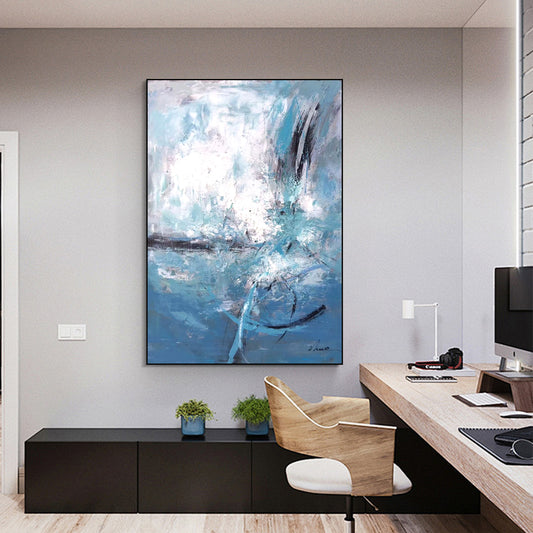 ABSTRACT PAINTING, BLUE PLANET, HAND-PAINTED CANVAS