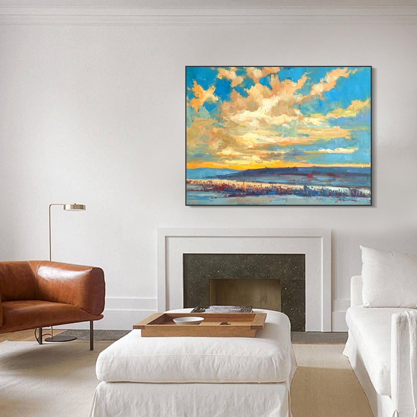 LANDSCAPE PAINTING, AFTERGLOW, HAND-PAINTED CANVAS