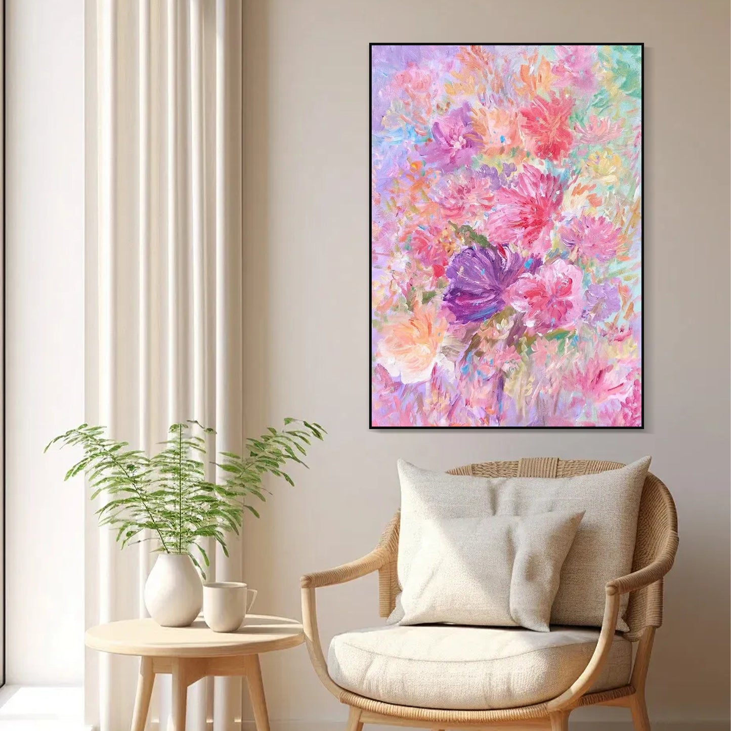 FLOWER PAINTING, PINK BLOOM 2, HAND-PAINTED CANVAS
