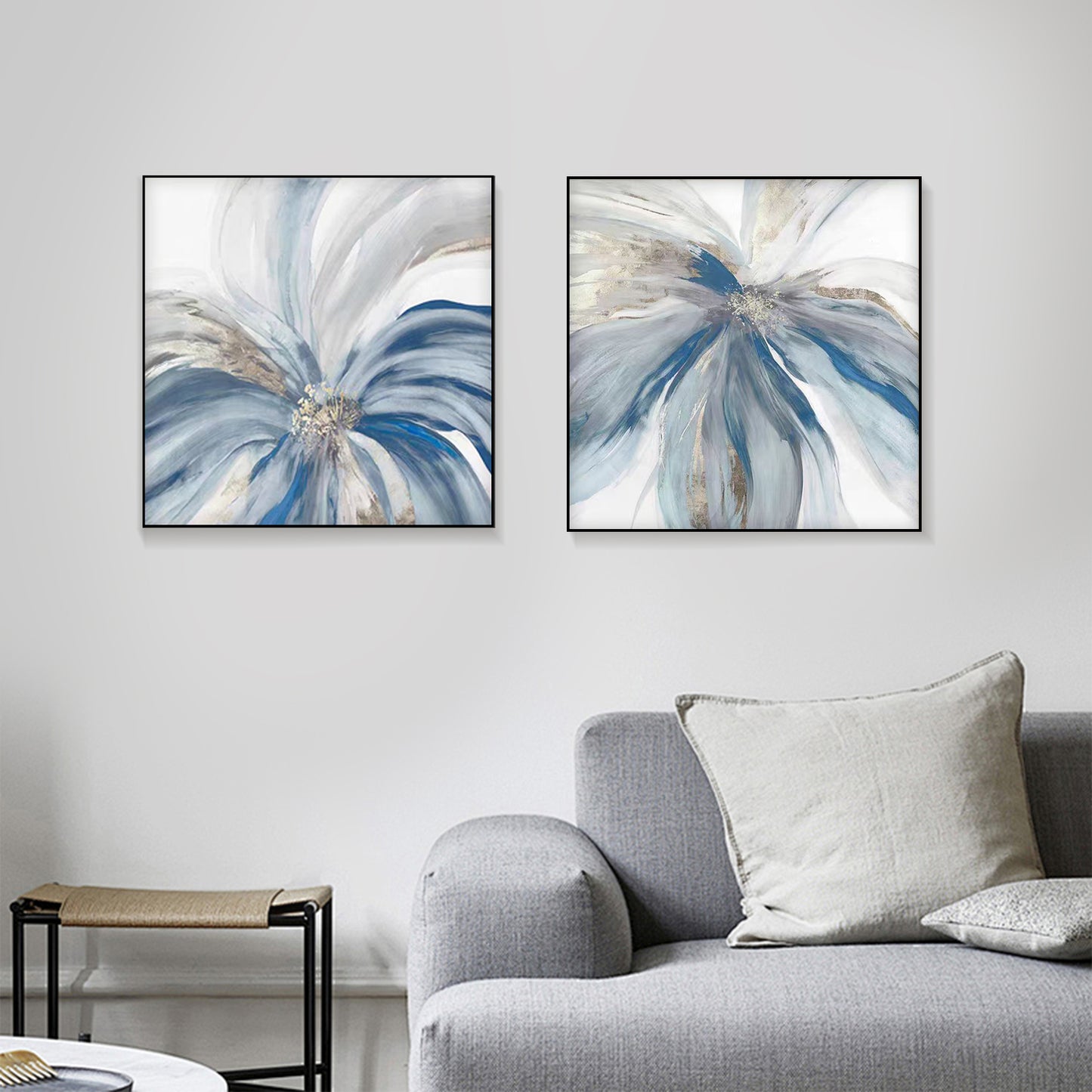 SET OF 2 BLUE FLOWER, HAND-PAINTED CANVAS, FLOWER PAINTING