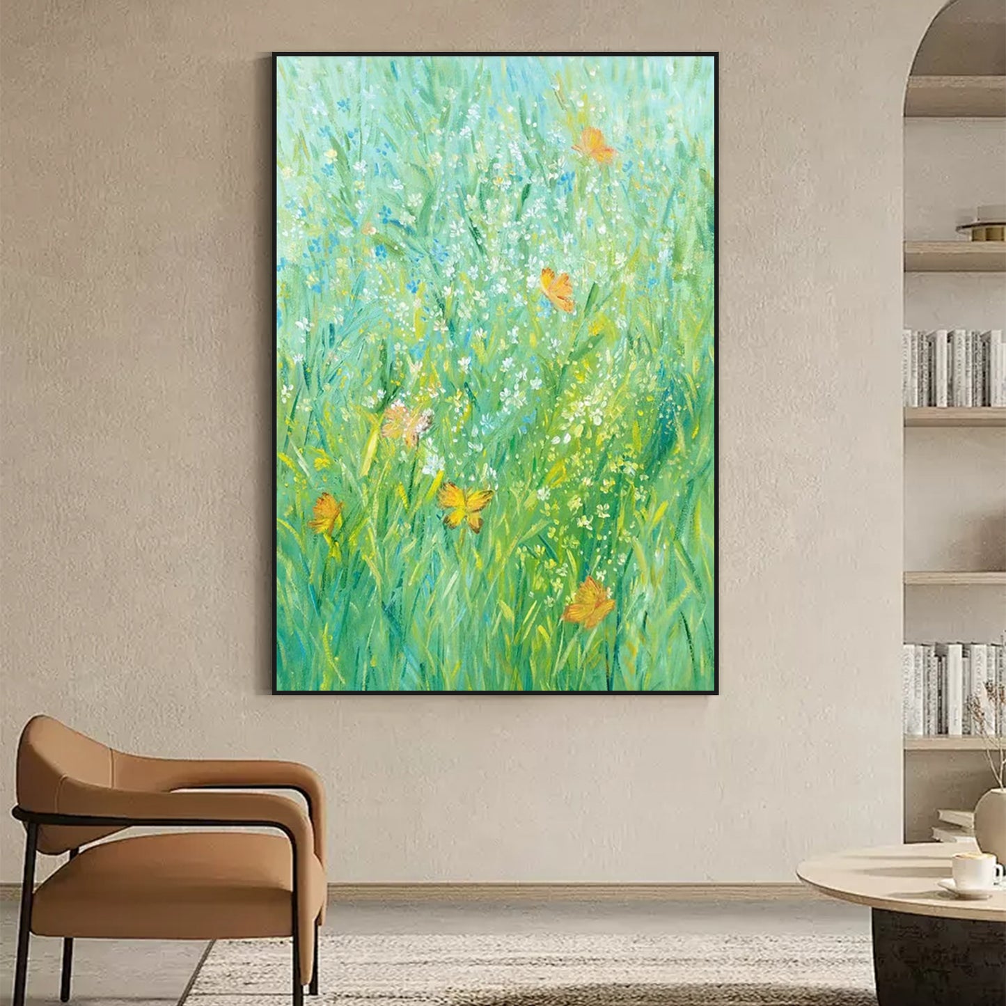 FLOWER PAINTING, GREEN BLOOM, HAND-PAINTED CANVAS