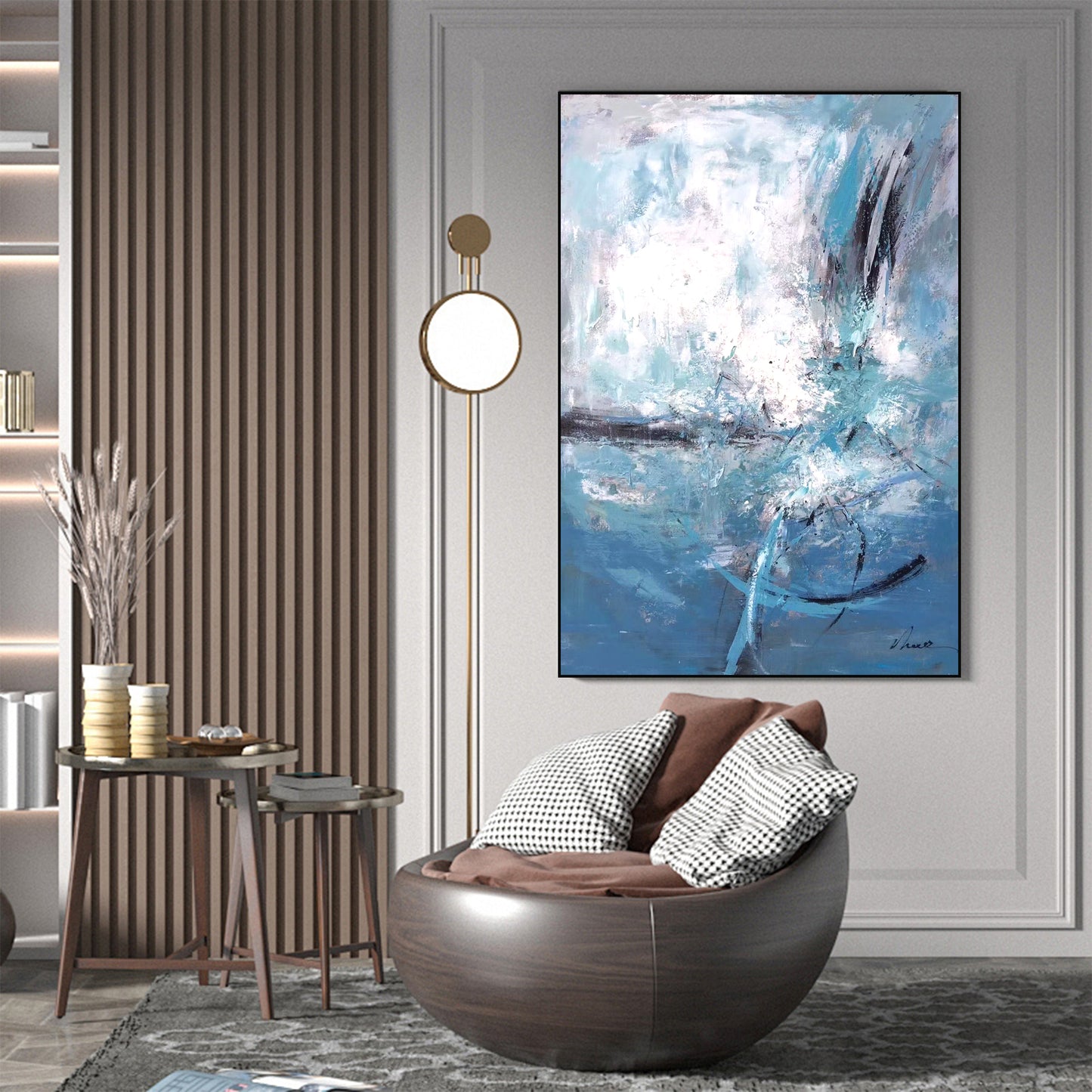 ABSTRACT PAINTING, BLUE PLANET, HAND-PAINTED CANVAS