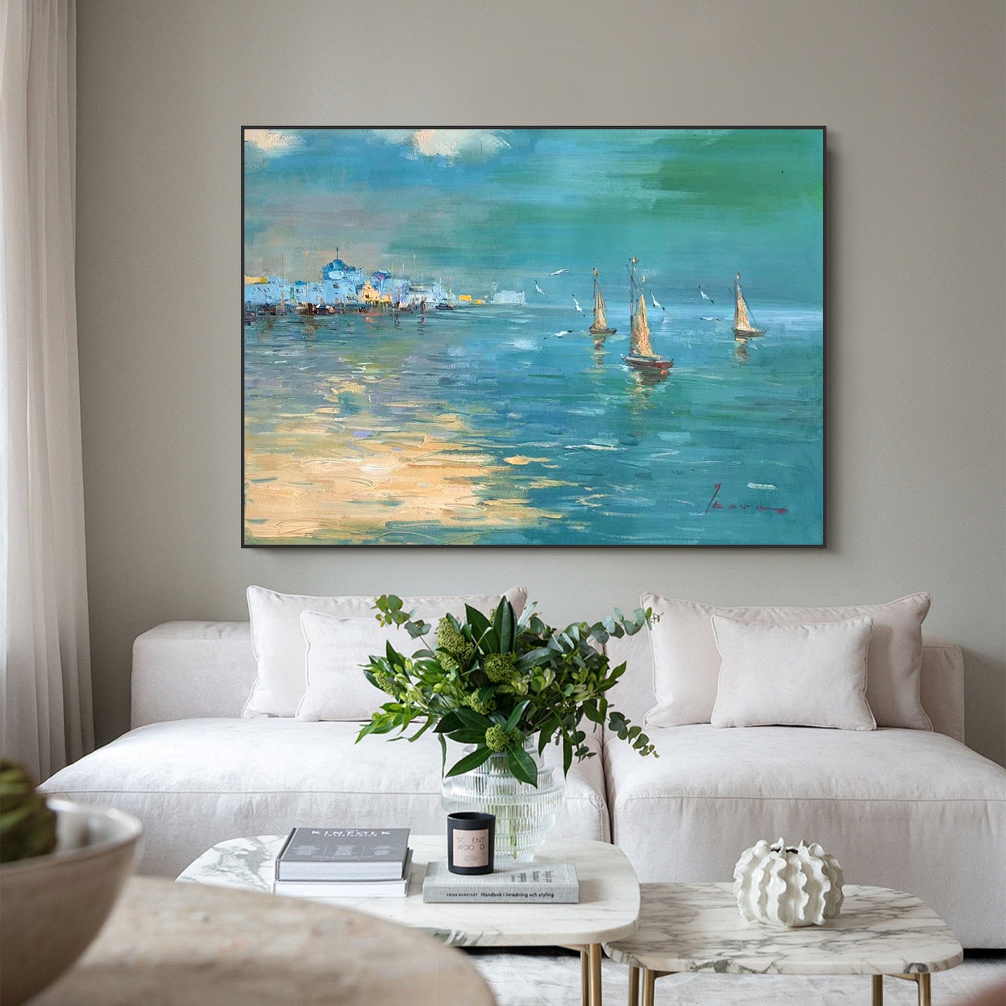 LANDSCAPE PAINTING, COASTAL CITY VIEW, HAND-PAINTED CANVAS