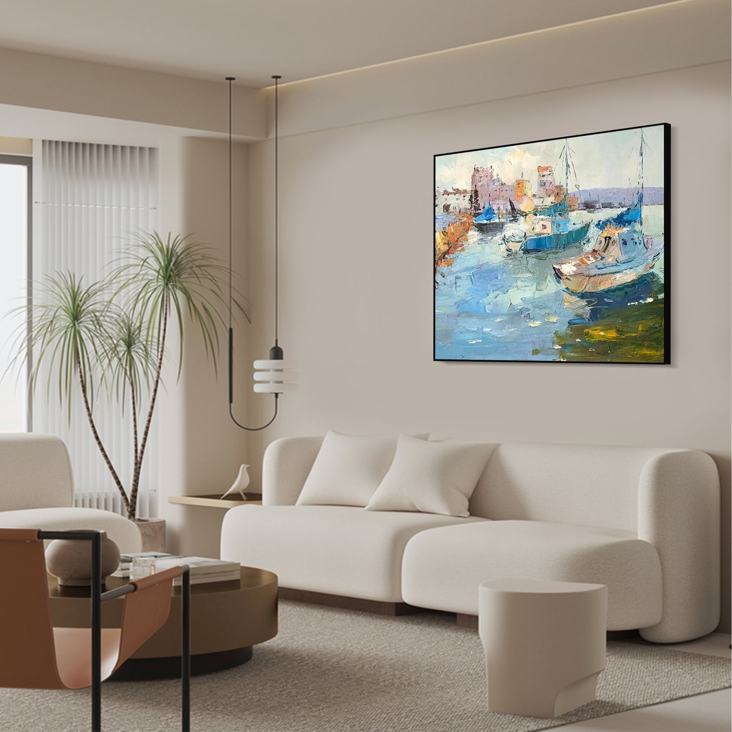 LANDSCAPE PAINTING, QUITE HARBOR, HAND-PAINTED CANVAS