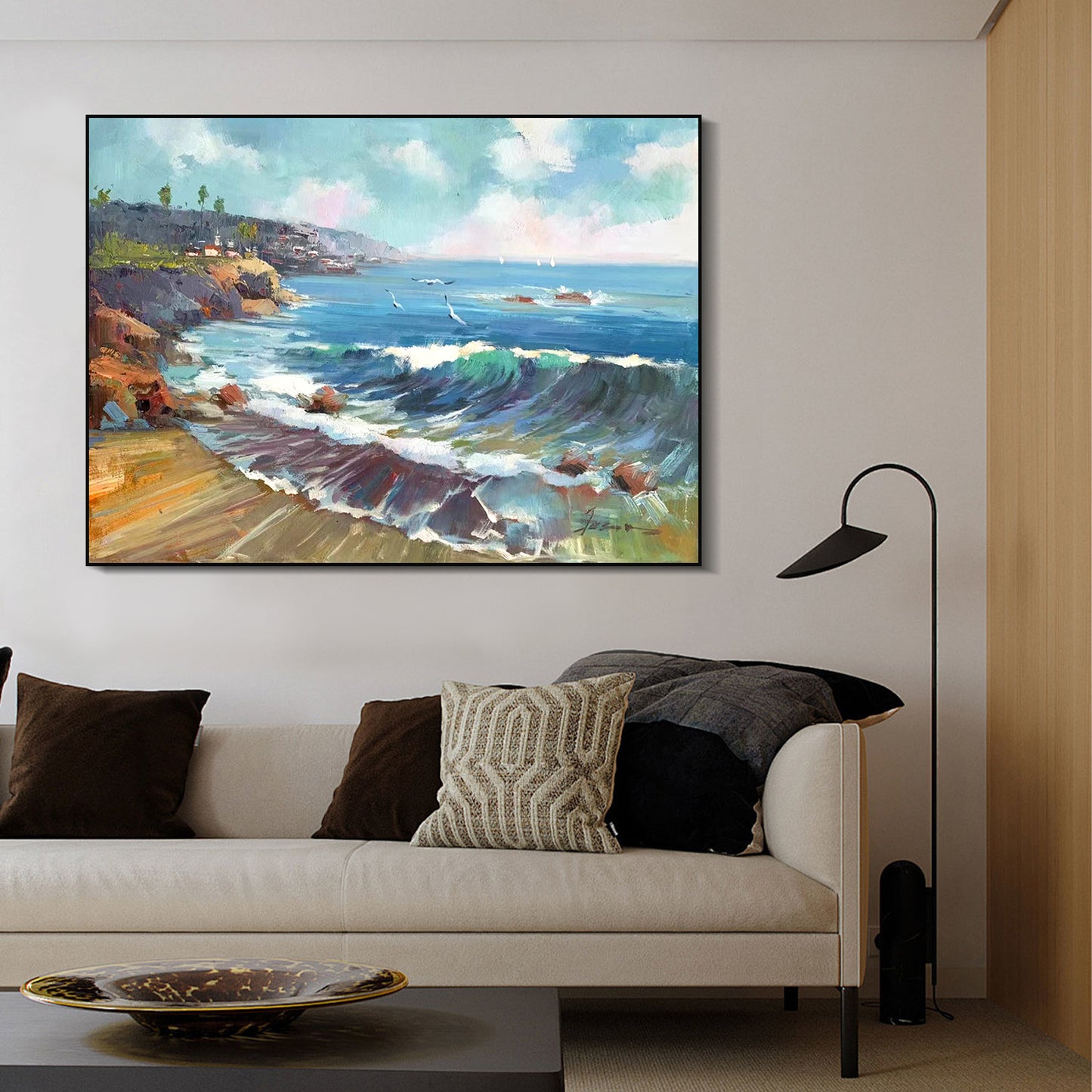 LANDSCAPE PAINTING, COASTLINE, HAND-PAINTED CANVAS