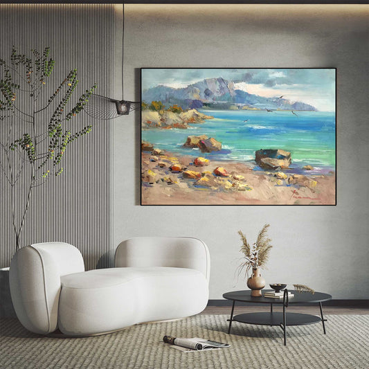 LANDSCAPE PAINTING, COASTAL VIEW WITH SEAGULL, HAND-PAINTED CANVAS