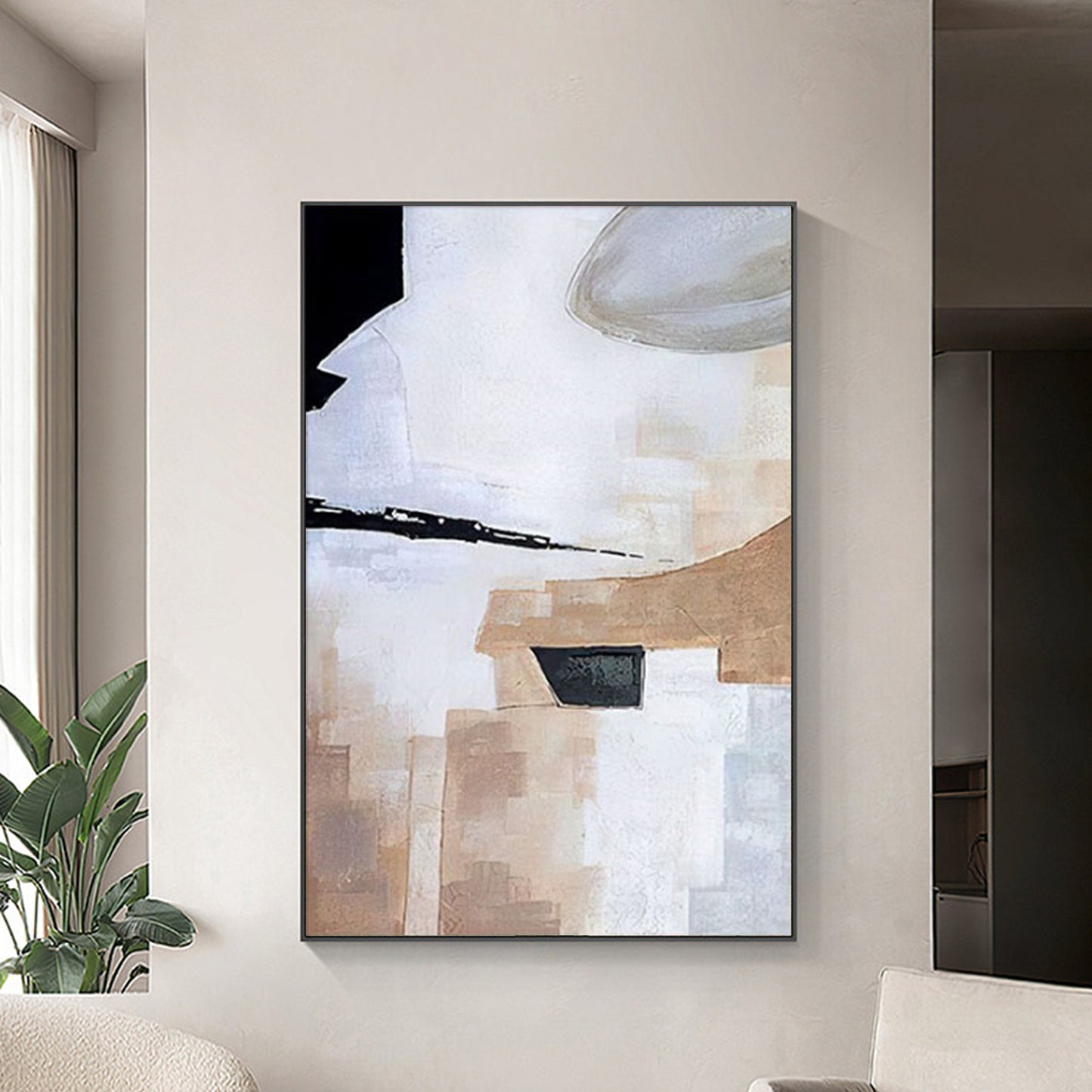 MINIMALIST PAINTING, BLACK AND WHITE, HAND-PAINTED CANVAS