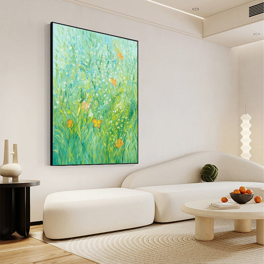 FLOWER PAINTING, GREEN  BLOOM, HAND-PAINTED CANVAS