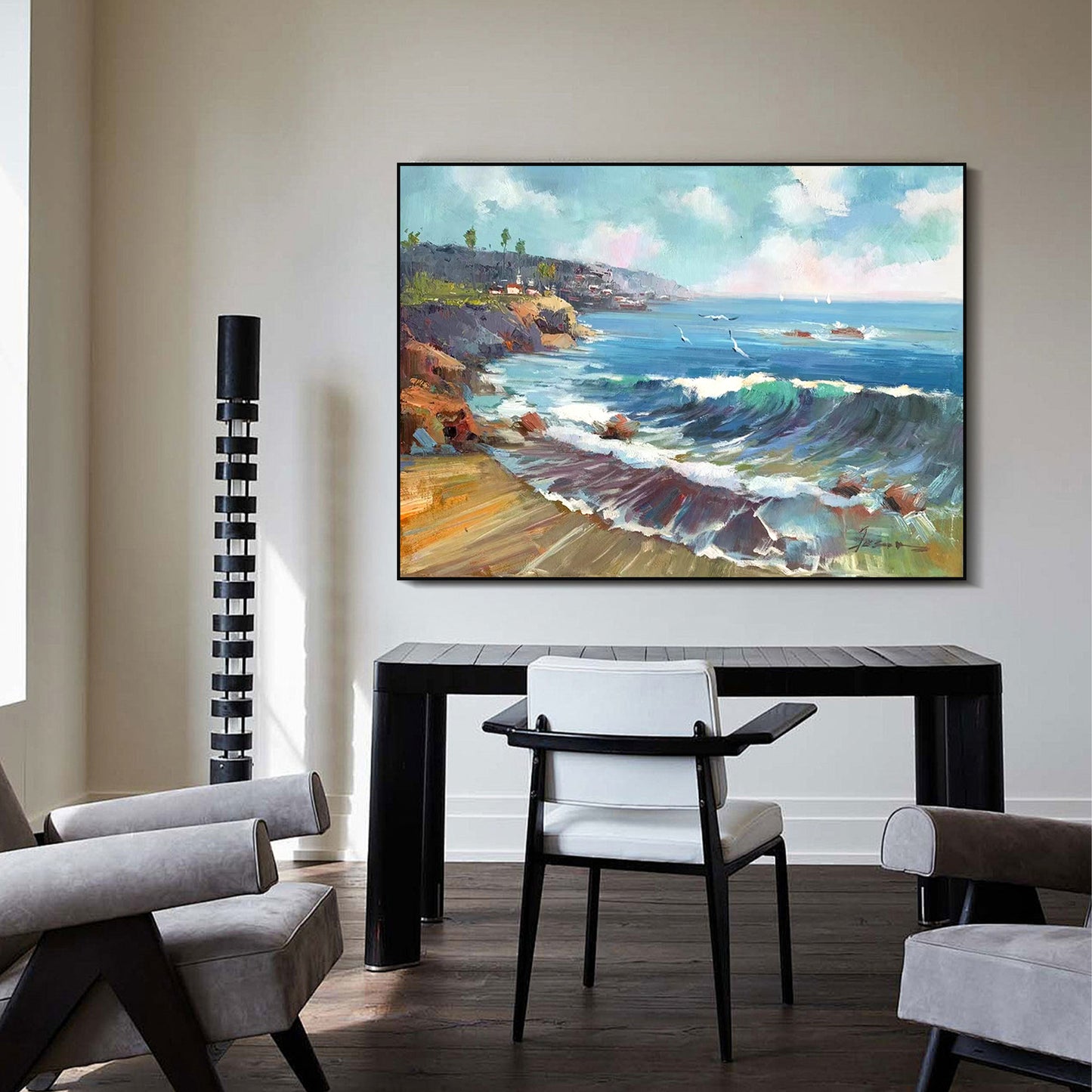 LANDSCAPE PAINTING, COASTLINE, HAND-PAINTED CANVAS