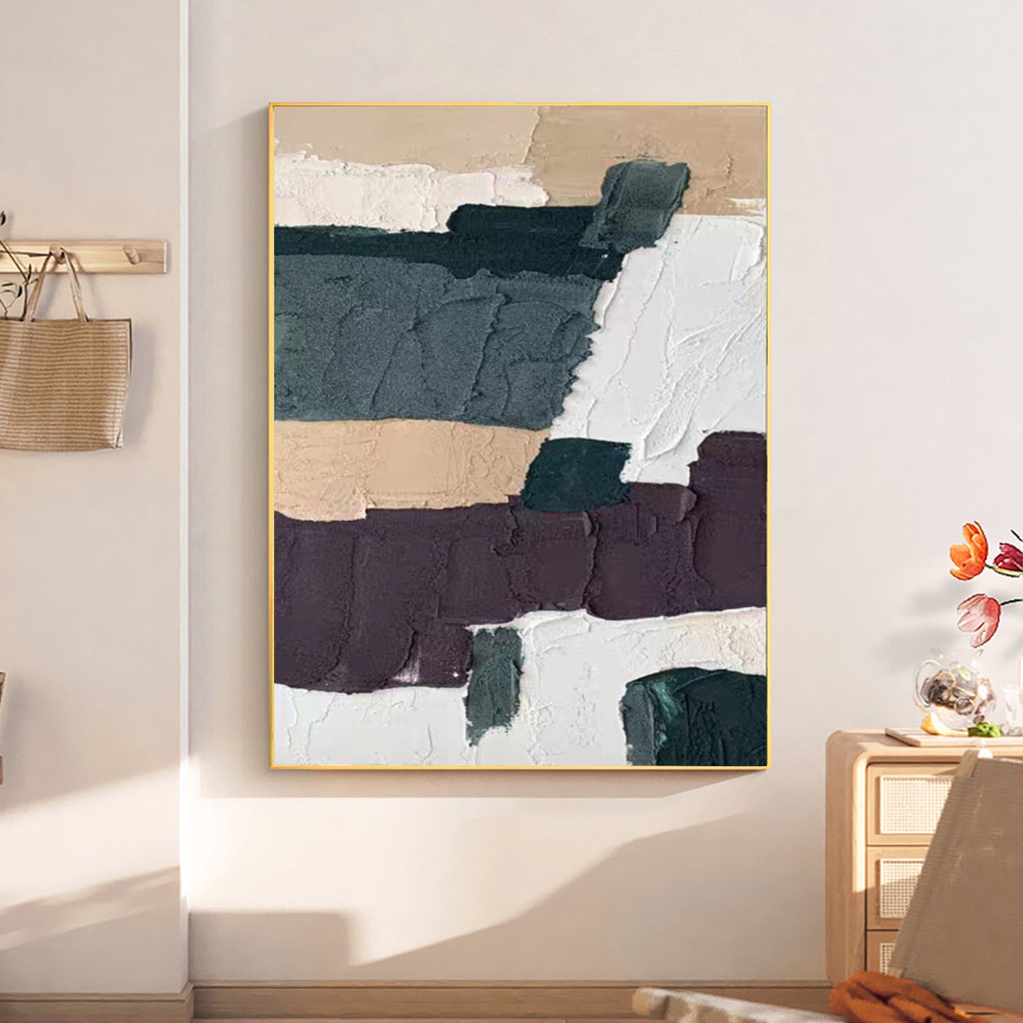 MINIMALIST PAINTING, THICK TEXTURE NAVY AND BROWN, HAND-PAINTED CANVAS