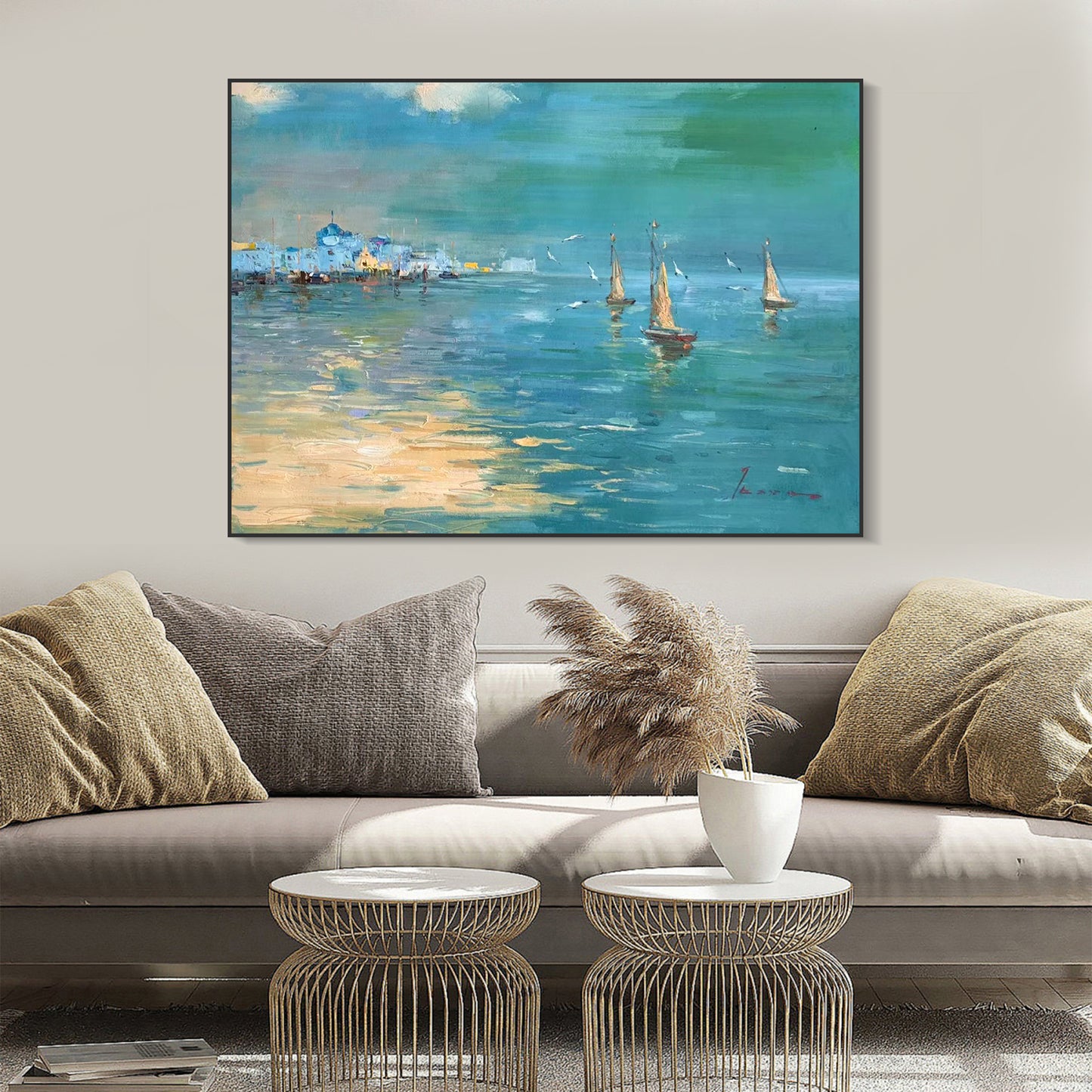 LANDSCAPE PAINTING, COASTAL CITY VIEW, HAND-PAINTED CANVAS