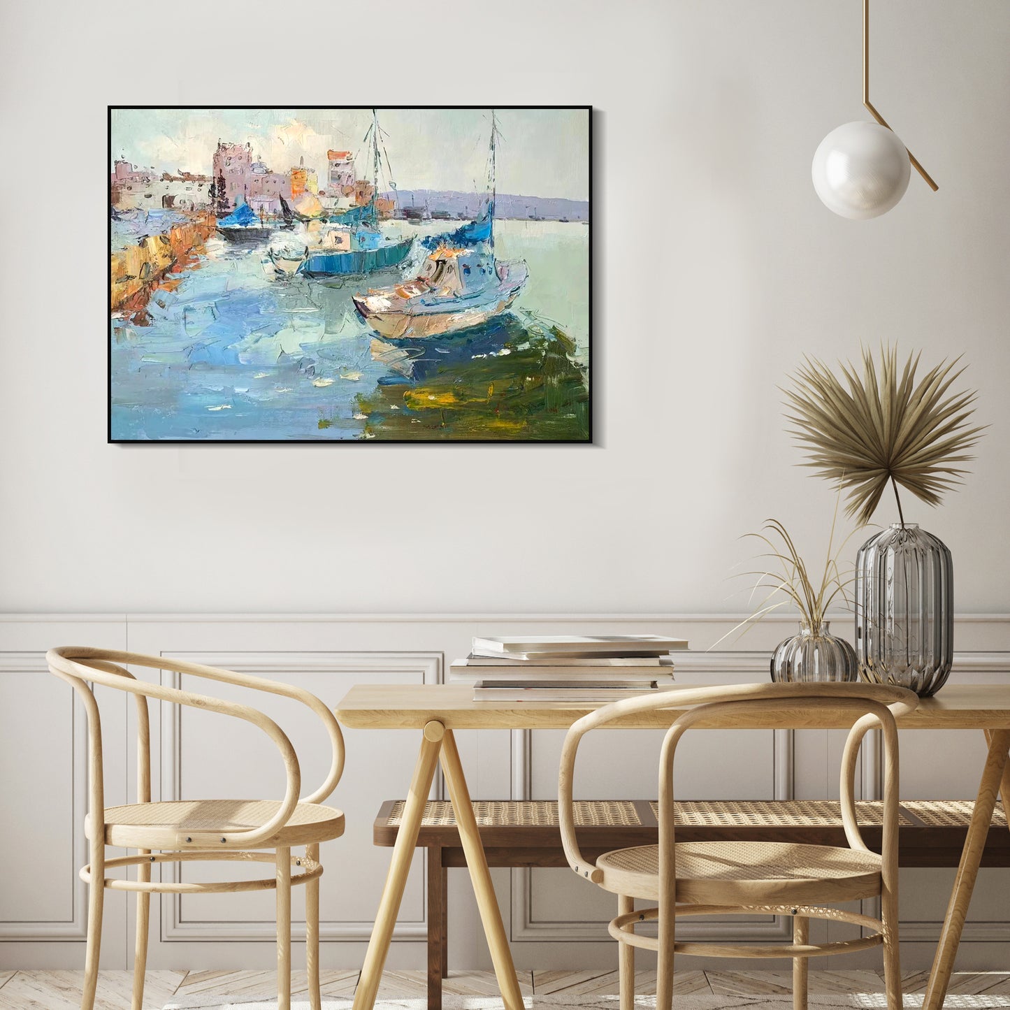 LANDSCAPE PAINTING, QUITE HARBOR, HAND-PAINTED CANVAS