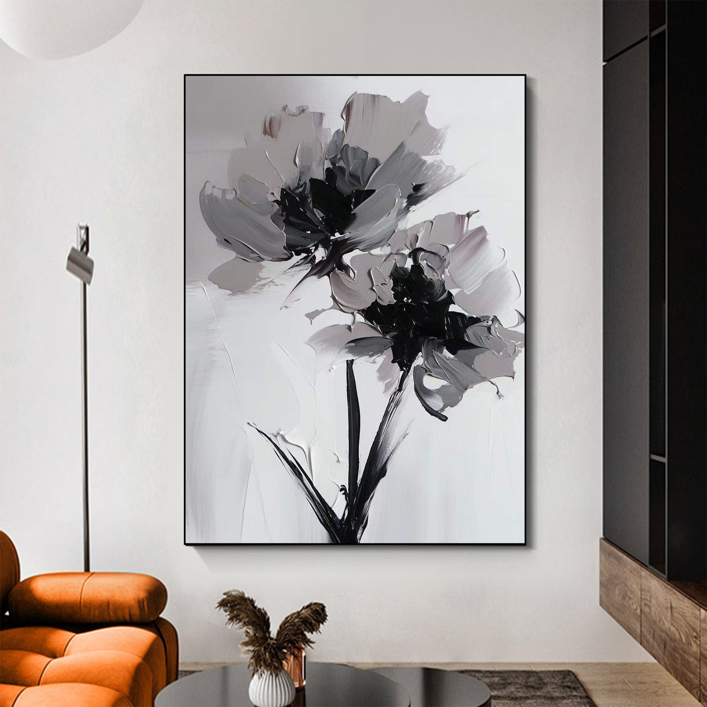 FLOWER PAINTING, HAND-PAINTED CANVAS, WHITE BLACK FLOWER