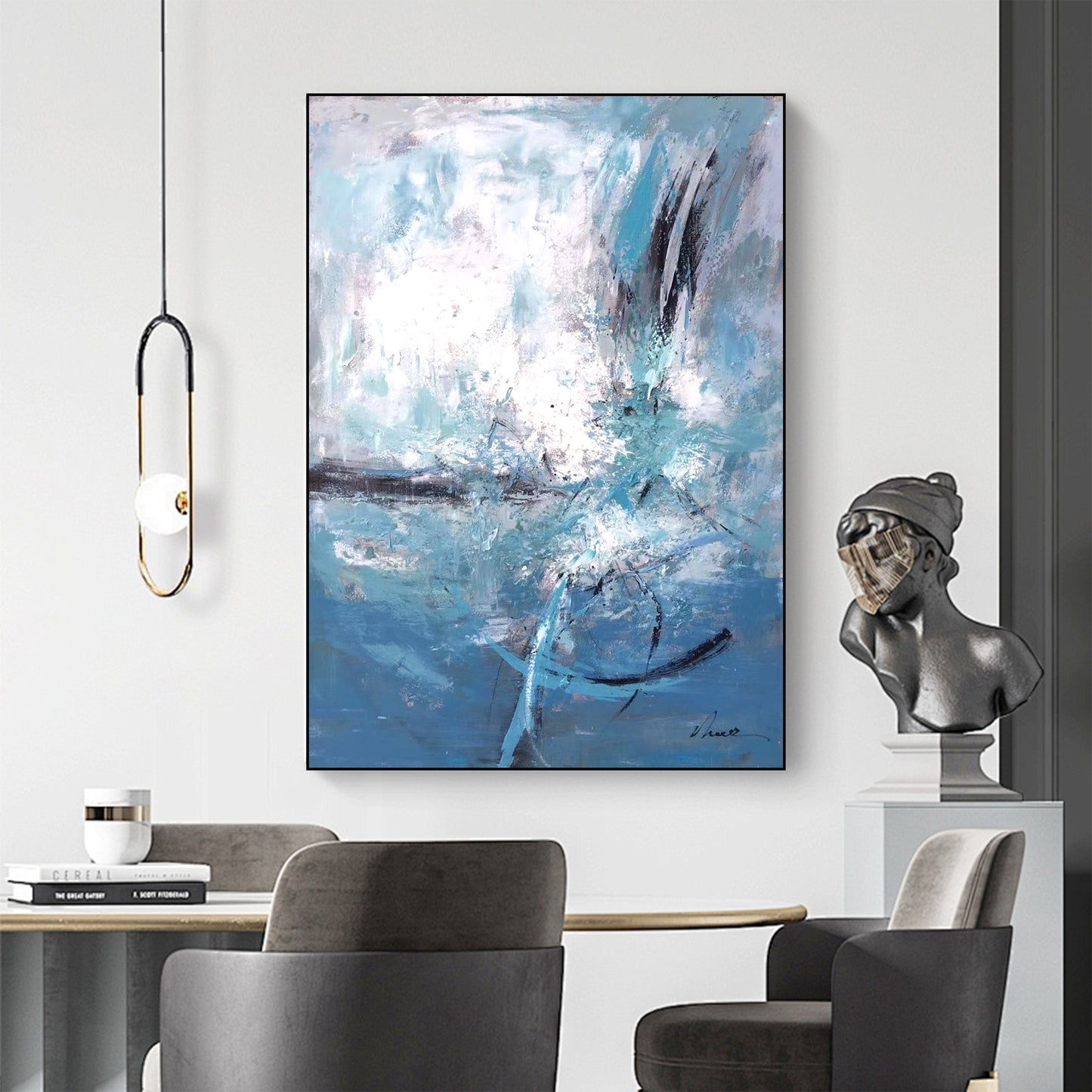 ABSTRACT PAINTING, BLUE PLANET, HAND-PAINTED CANVAS