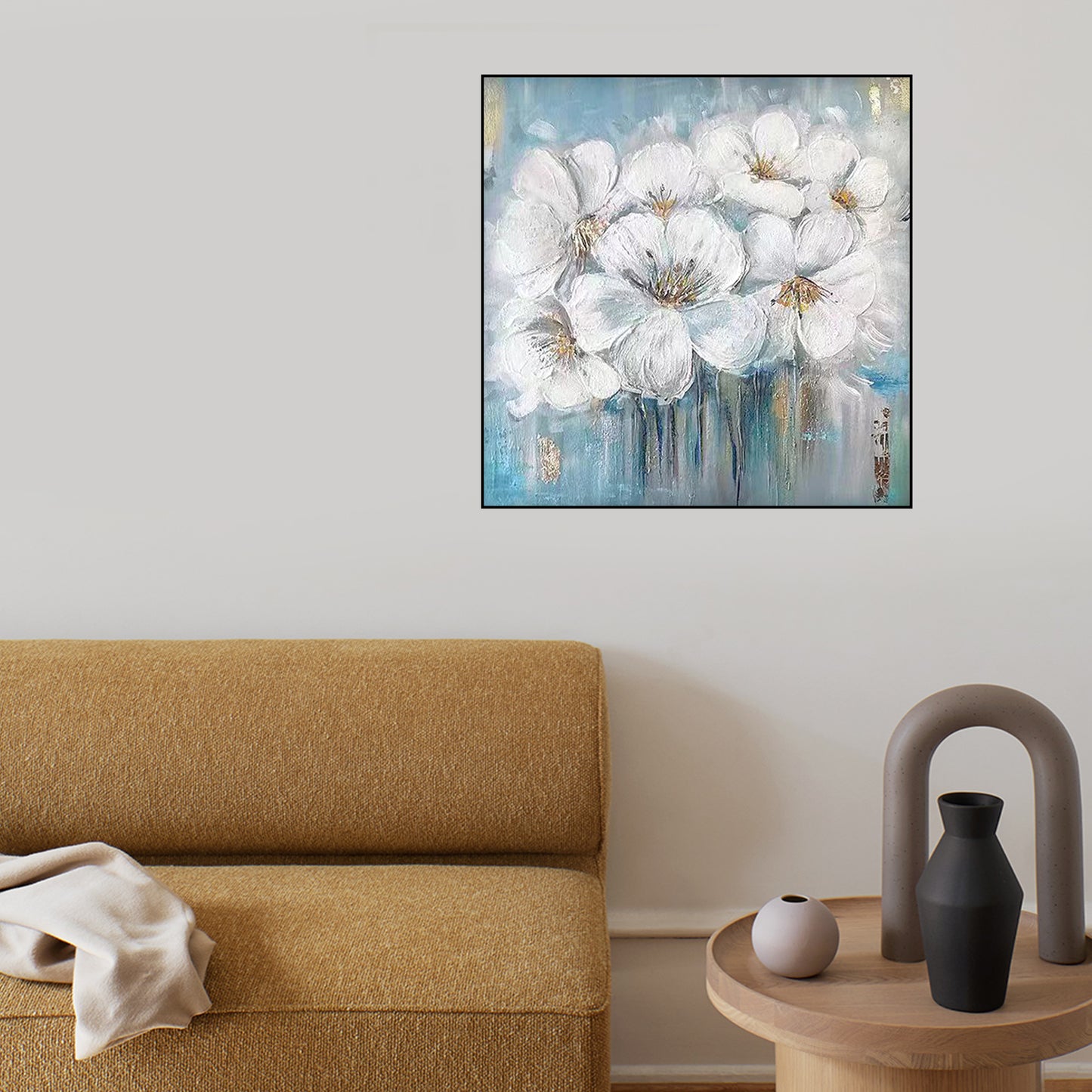 FLOWER PAINTING, WHITE FLOWER, HAND-PAINTED CANVAS
