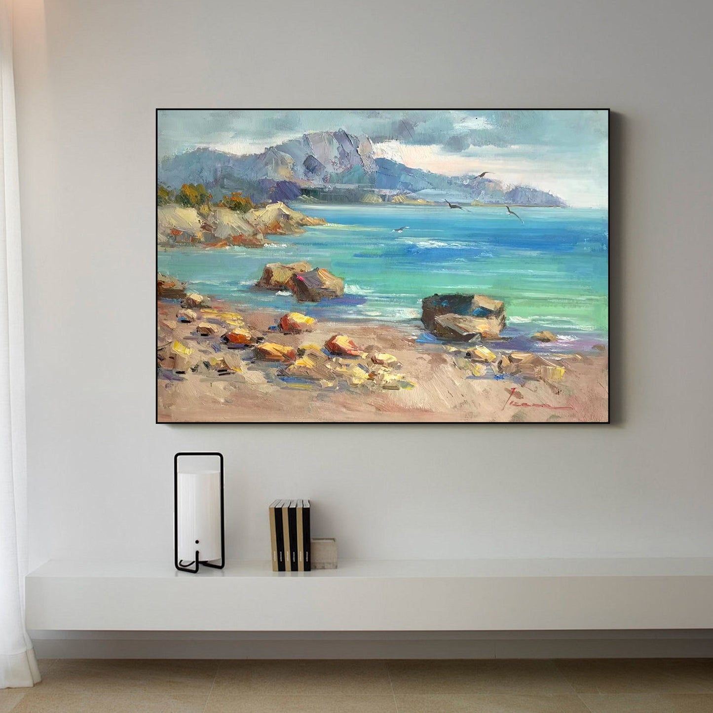 LANDSCAPE PAINTING, COASTAL VIEW WITH SEAGULL, HAND-PAINTED CANVAS