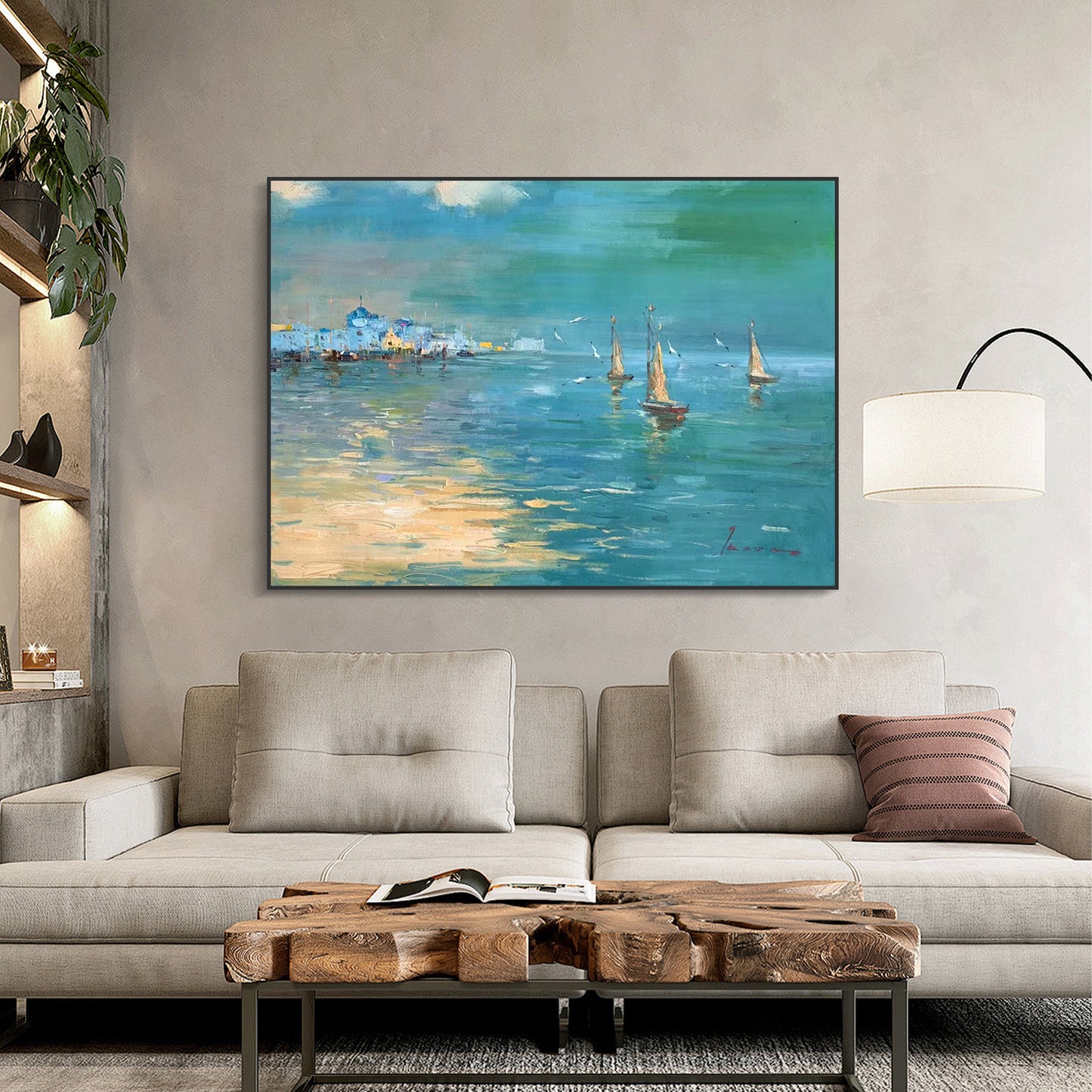 LANDSCAPE PAINTING, COASTAL CITY VIEW, HAND-PAINTED CANVAS