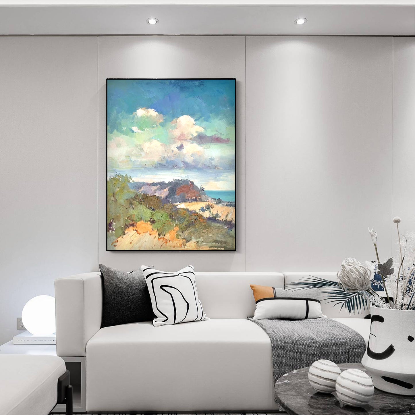 LANDSCAPE PAINTING, BEACH SCENERY, HAND-PAINTED CANVAS