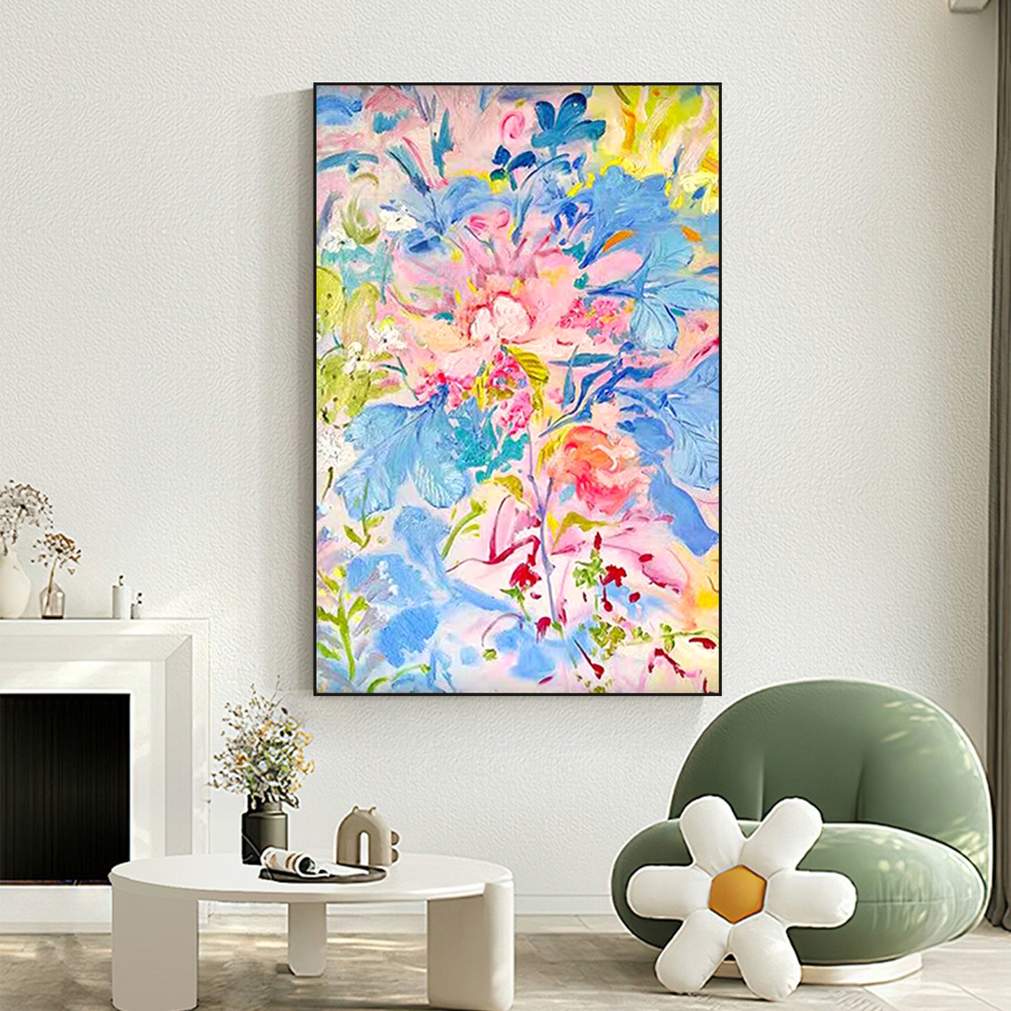 FLOWER PAINTING, COLORFUL BLOOM, HAND-PAINTED CANVAS