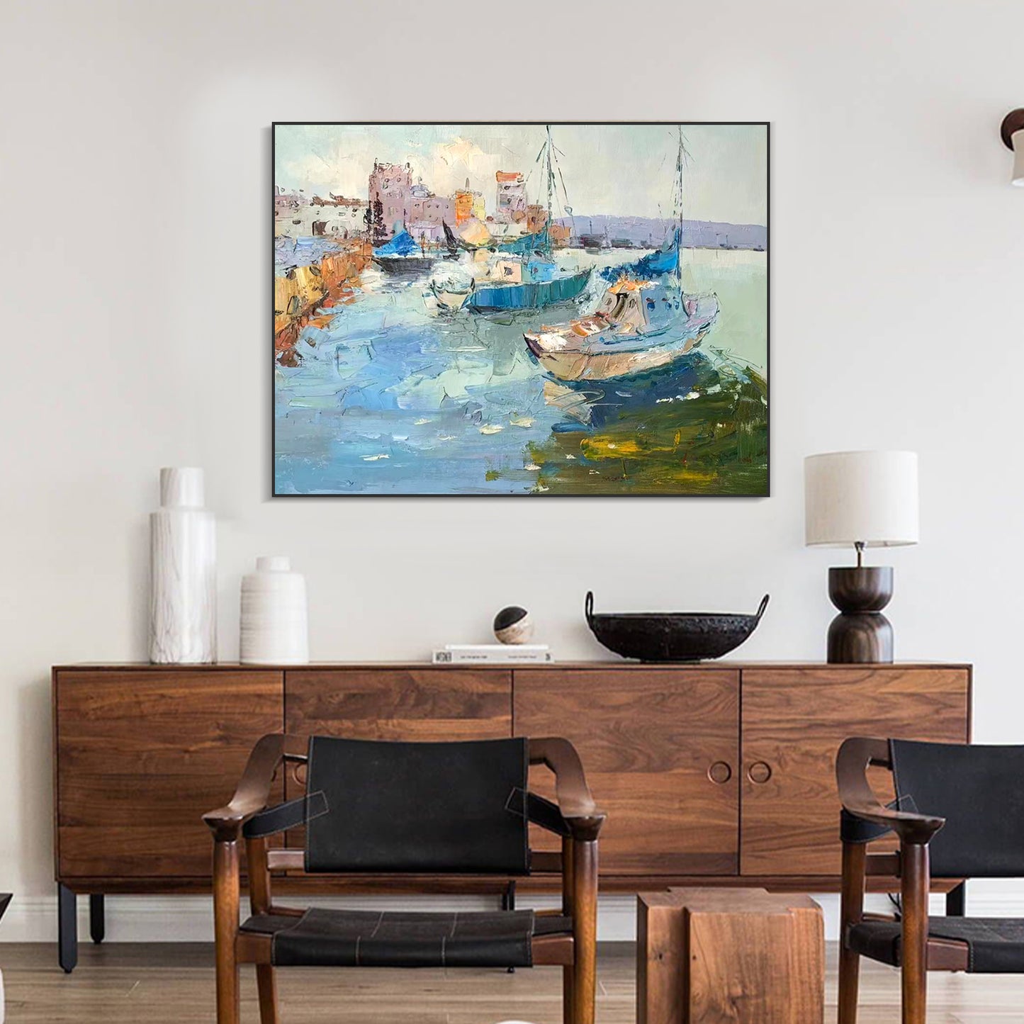 LANDSCAPE PAINTING, QUITE HARBOR, HAND-PAINTED CANVAS