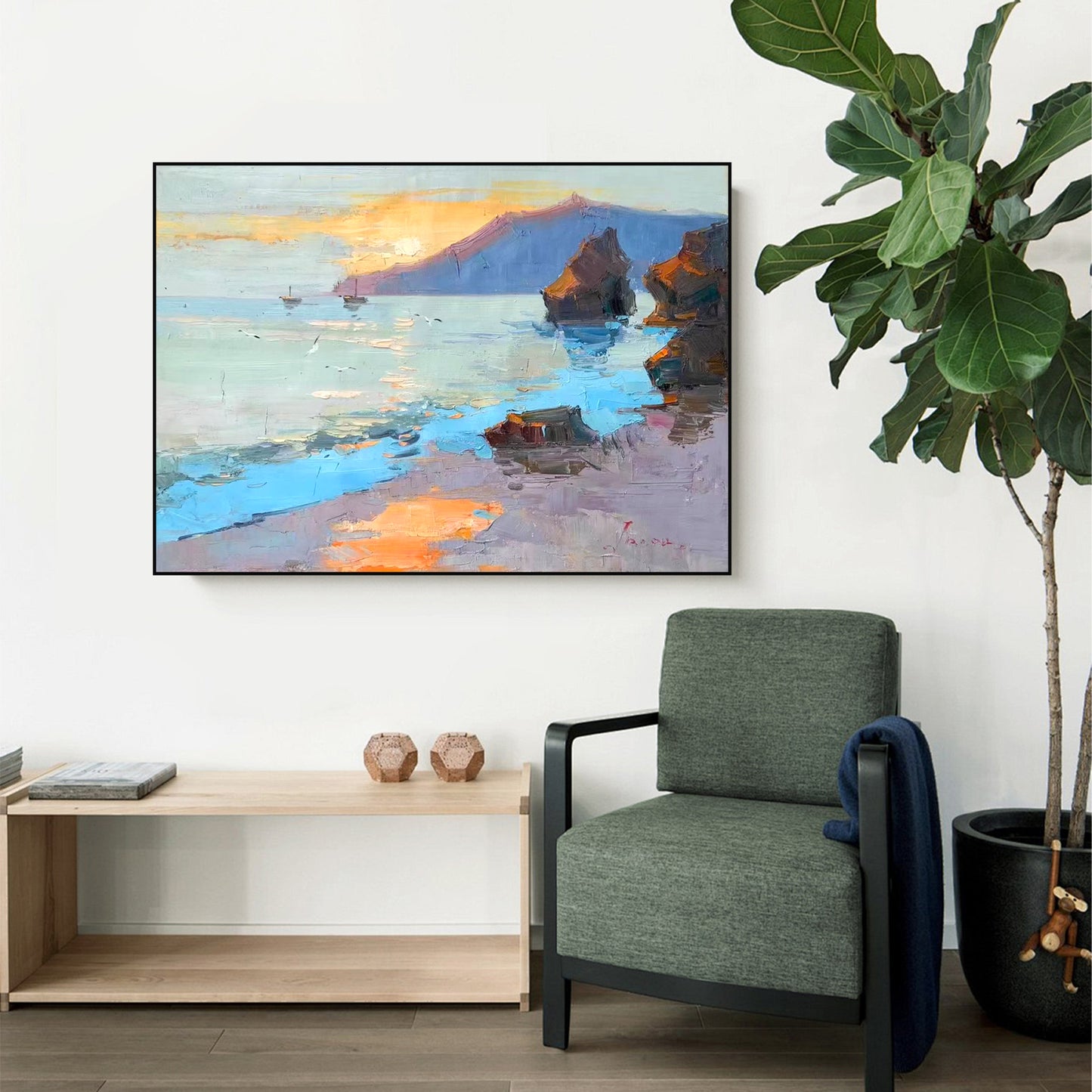 LANDSCAPE PAINTING, AFTERGLOW, HAND-PAINTED CANVAS
