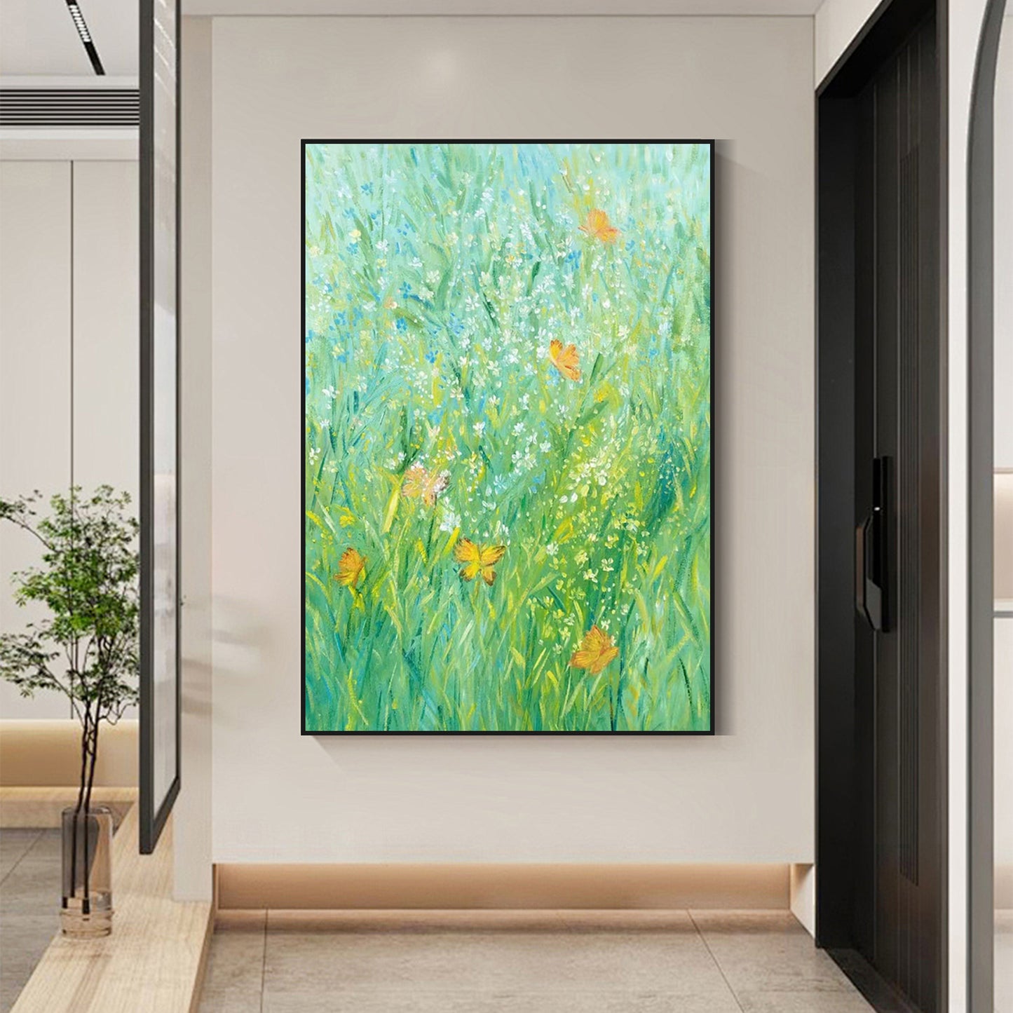 FLOWER PAINTING, GREEN BLOOM, HAND-PAINTED CANVAS