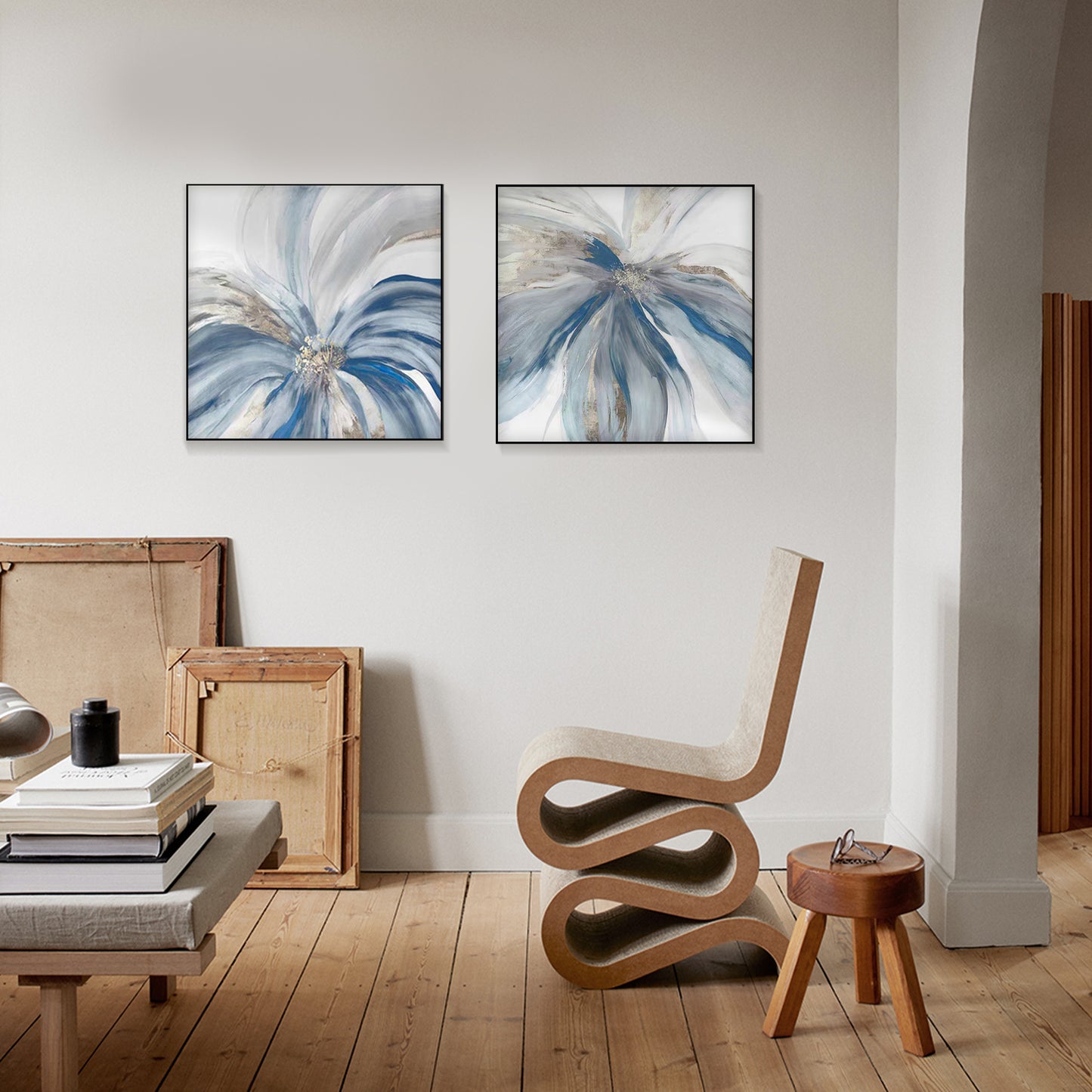 SET OF 2 BLUE FLOWER, HAND-PAINTED CANVAS, FLOWER PAINTING
