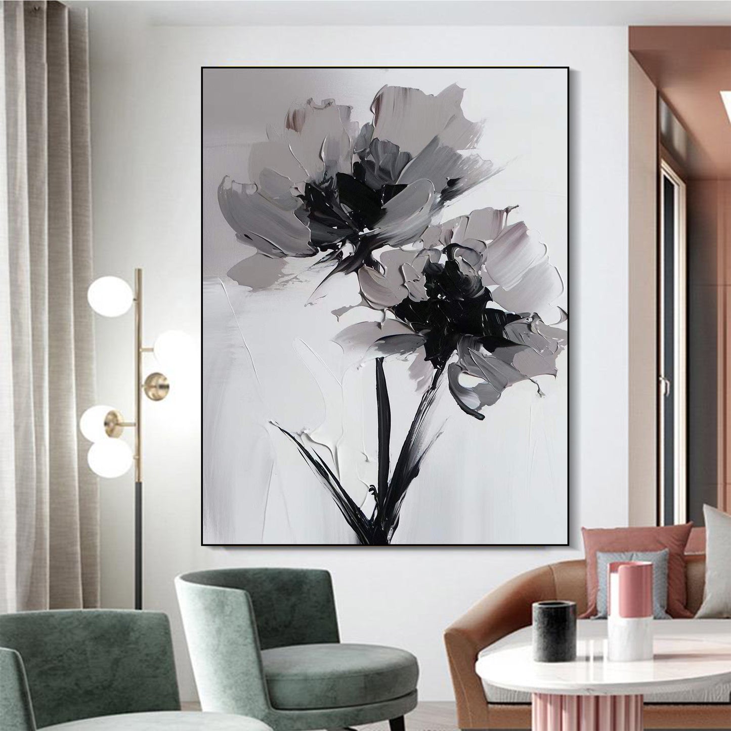 FLOWER PAINTING, HAND-PAINTED CANVAS, WHITE BLACK FLOWER