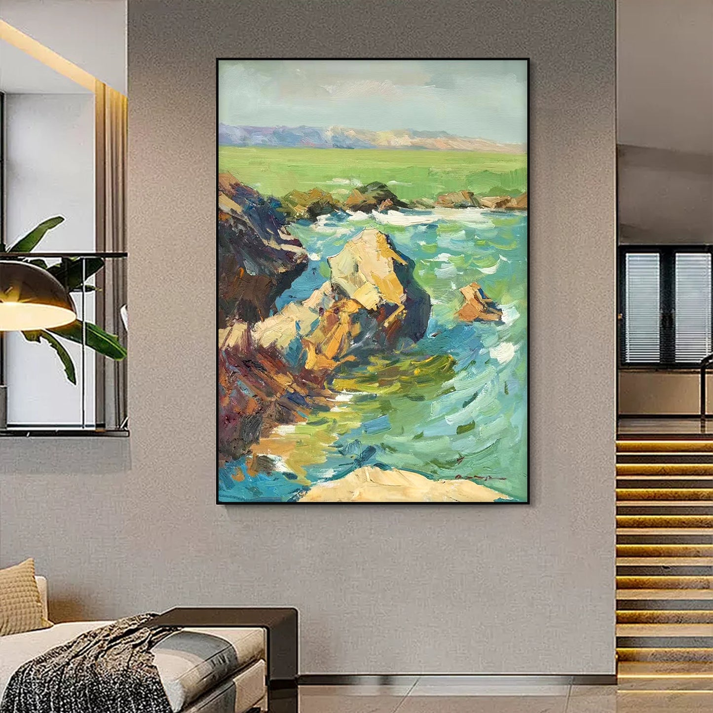 LANDSCAPE PAINTING, ROCKS LOOKOUT, HAND-PAINTED CANVAS