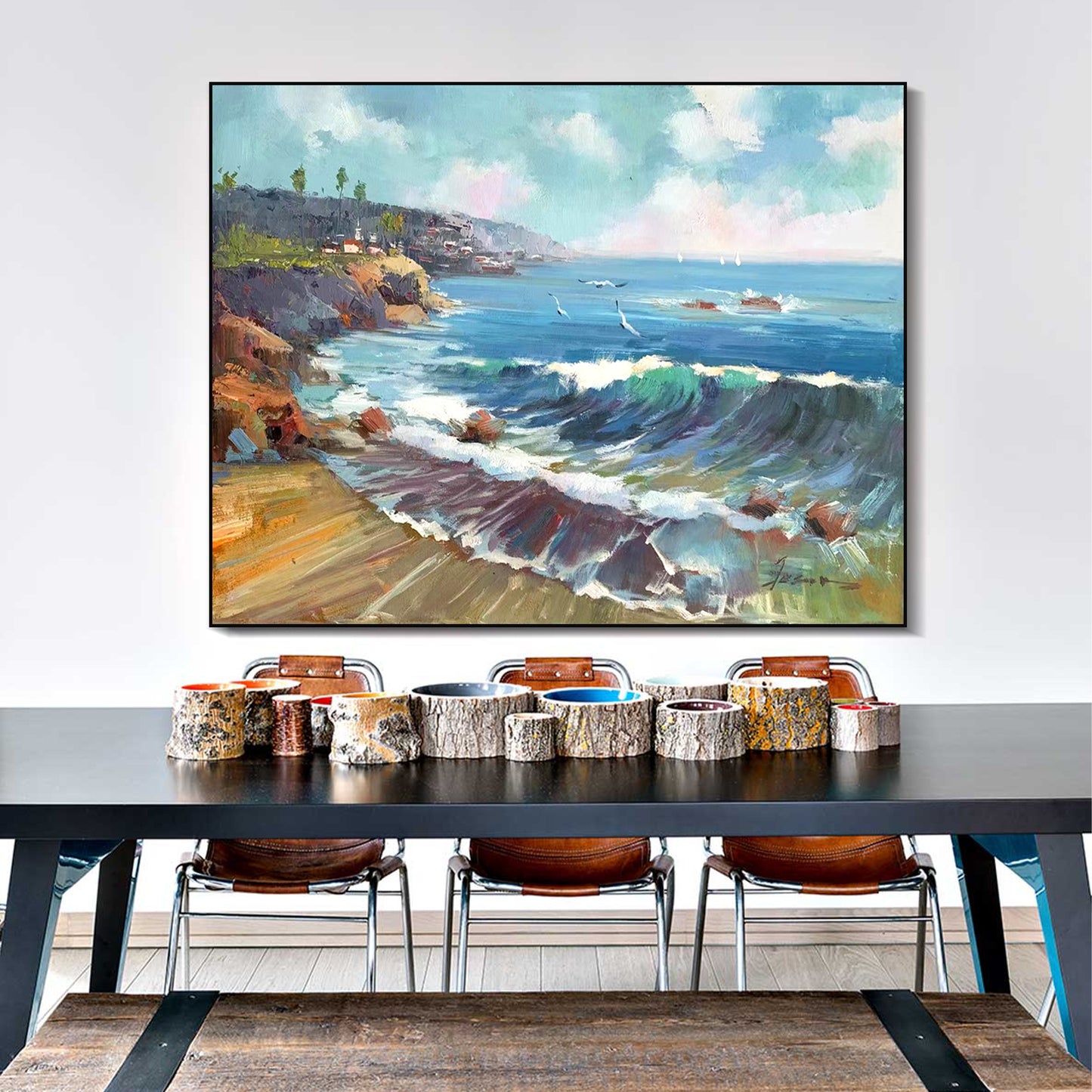 LANDSCAPE PAINTING, COASTLINE, HAND-PAINTED CANVAS