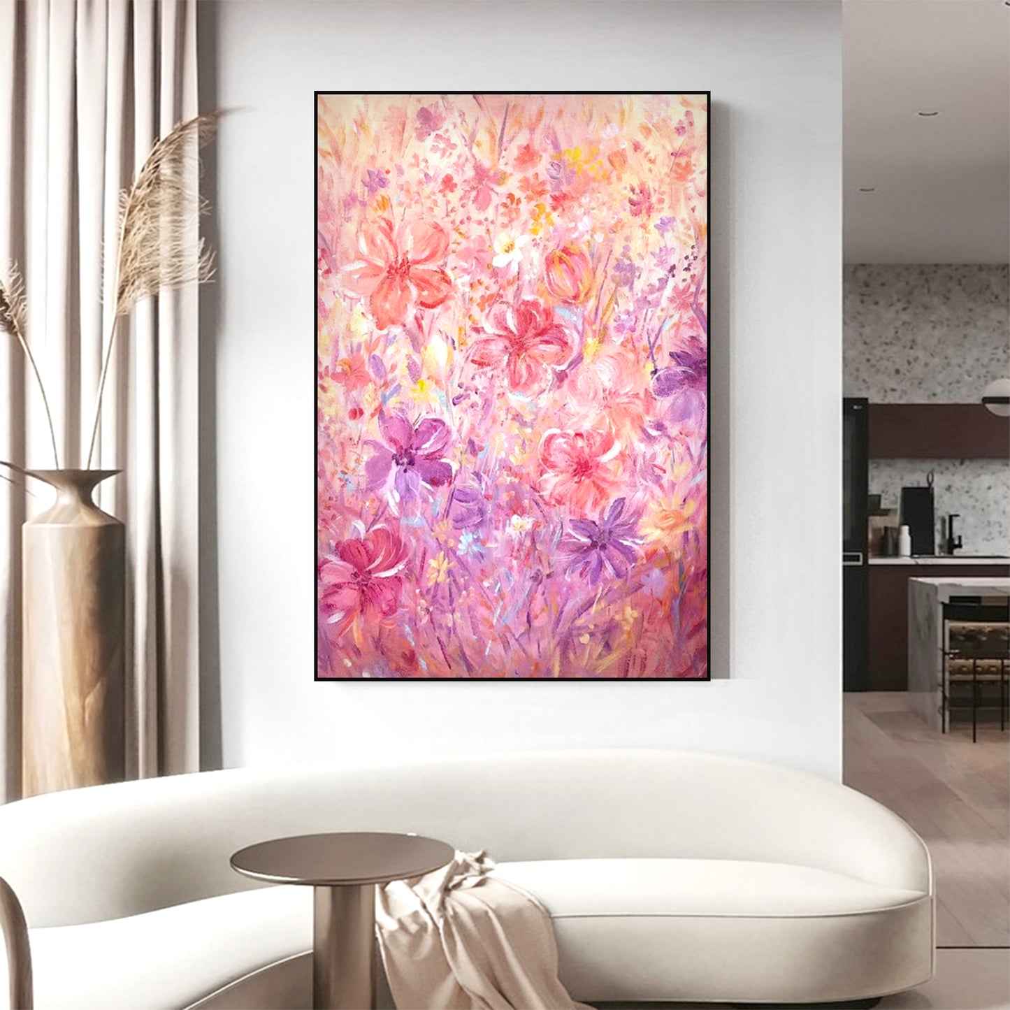 FLOWER PAINTING, PINK BLOOM, HAND-PAINTED CANVAS