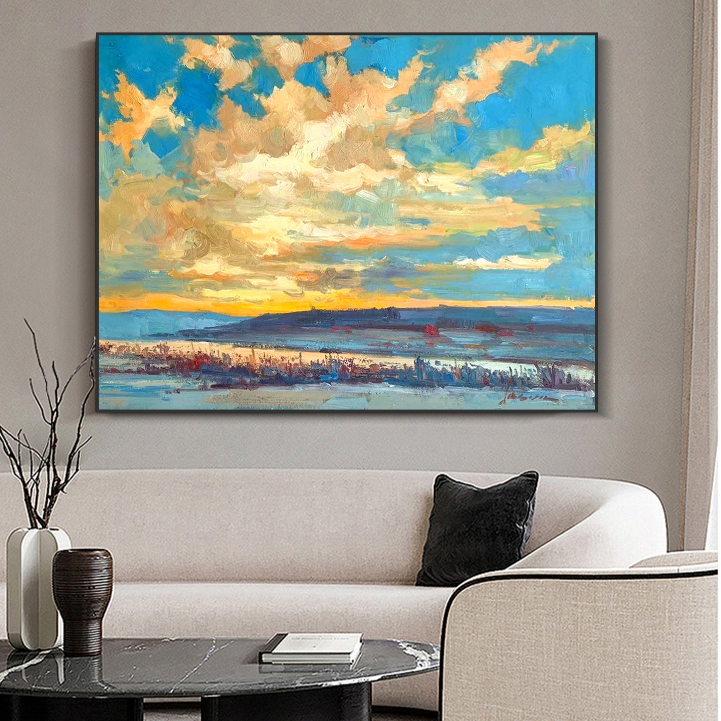 LANDSCAPE PAINTING, AFTERGLOW, HAND-PAINTED CANVAS