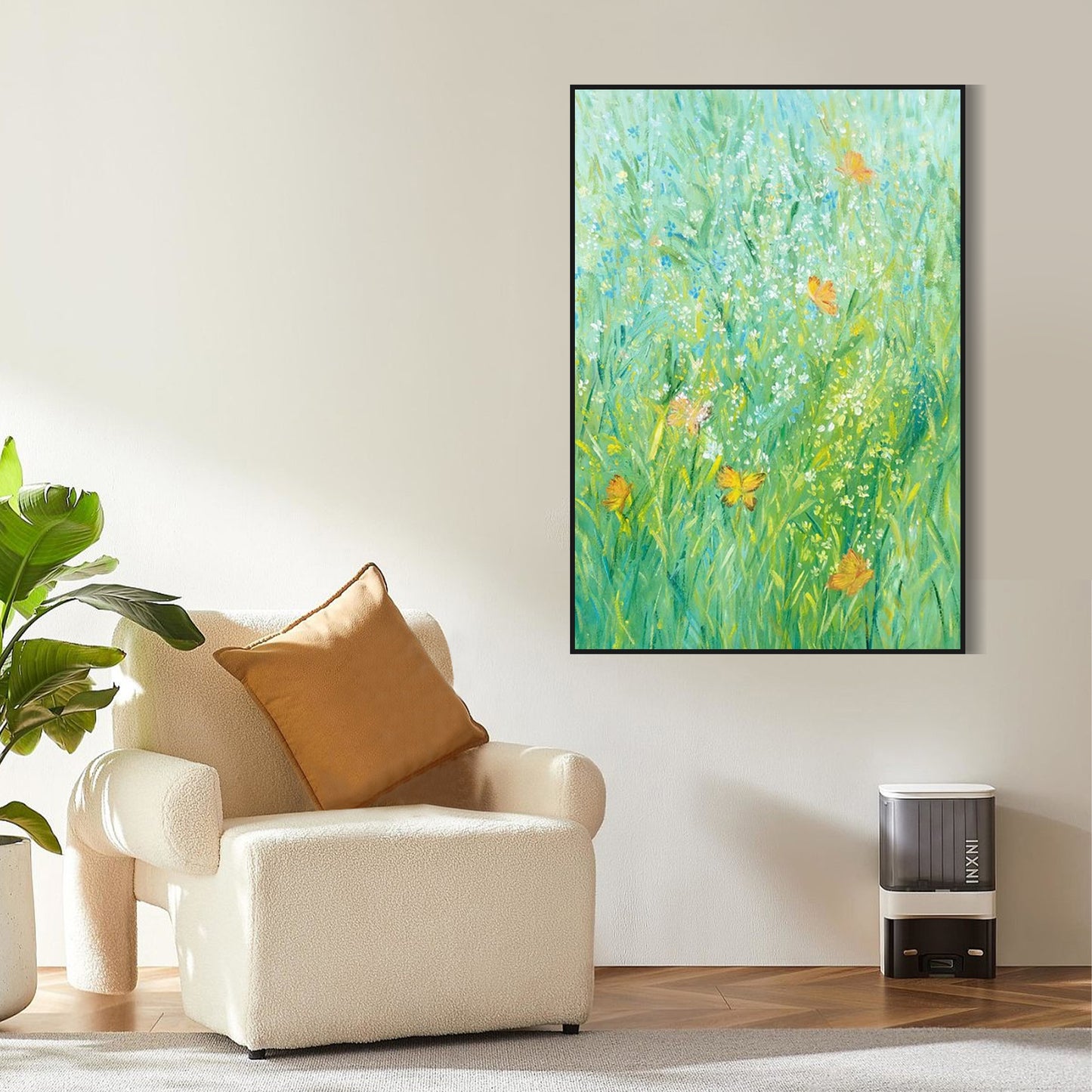 FLOWER PAINTING, GREEN BLOOM, HAND-PAINTED CANVAS