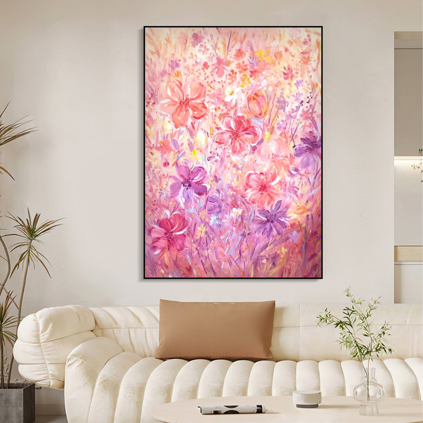 FLOWER PAINTING, PINK BLOOM, HAND-PAINTED CANVAS