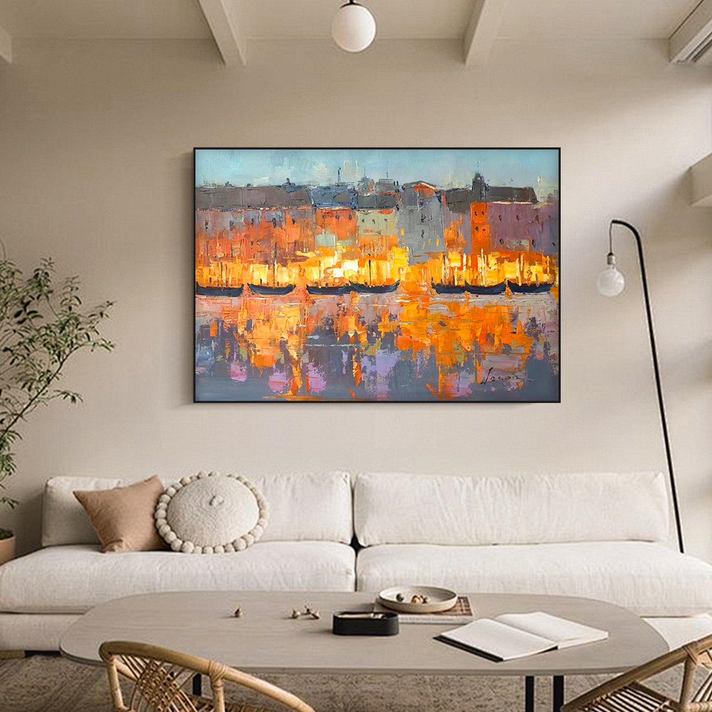 LANDSCAPE PAINTING, COASTAL BRIGHT LIGHTS, HAND-PAINTED CANVAS
