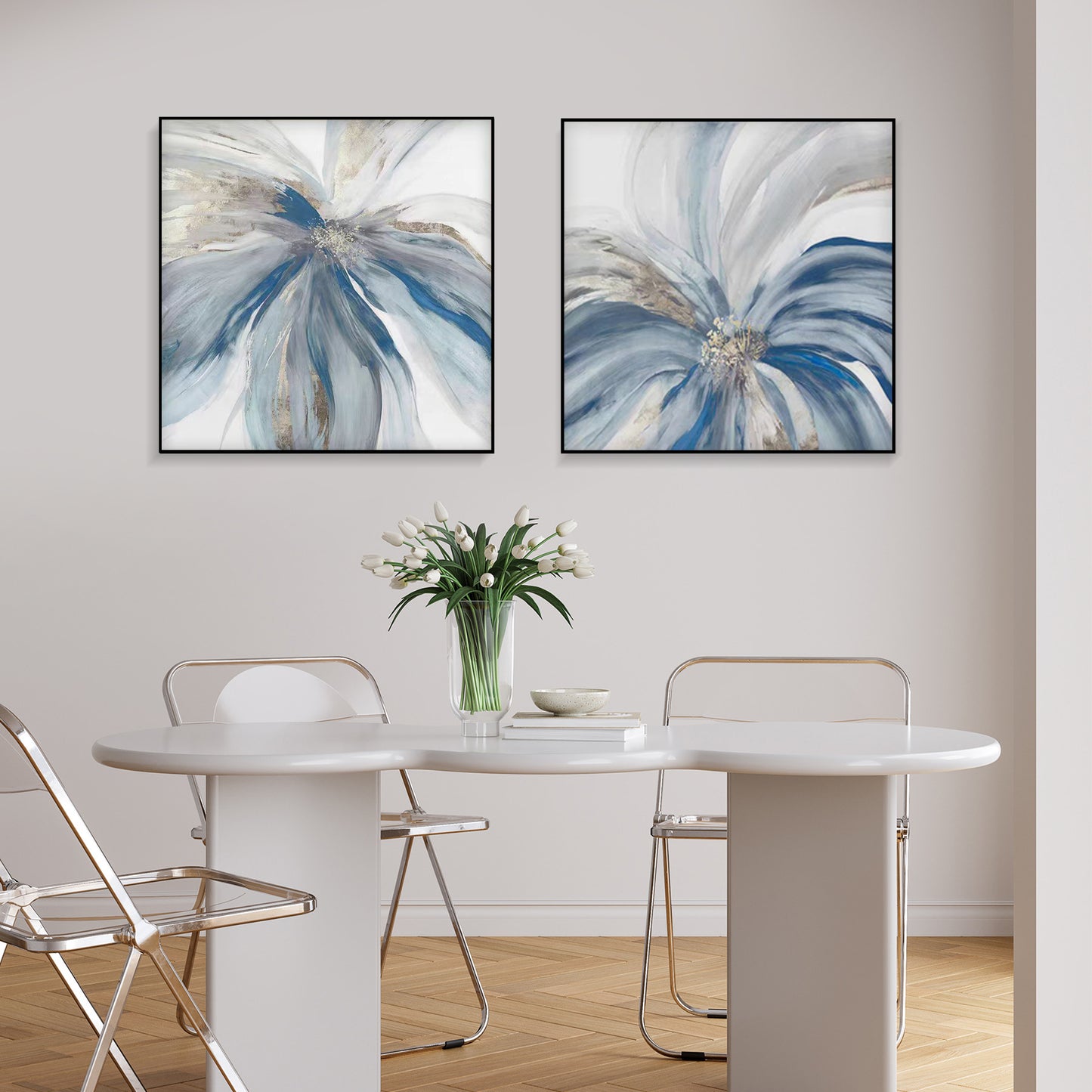 SET OF 2 BLUE FLOWER, HAND-PAINTED CANVAS, FLOWER PAINTING