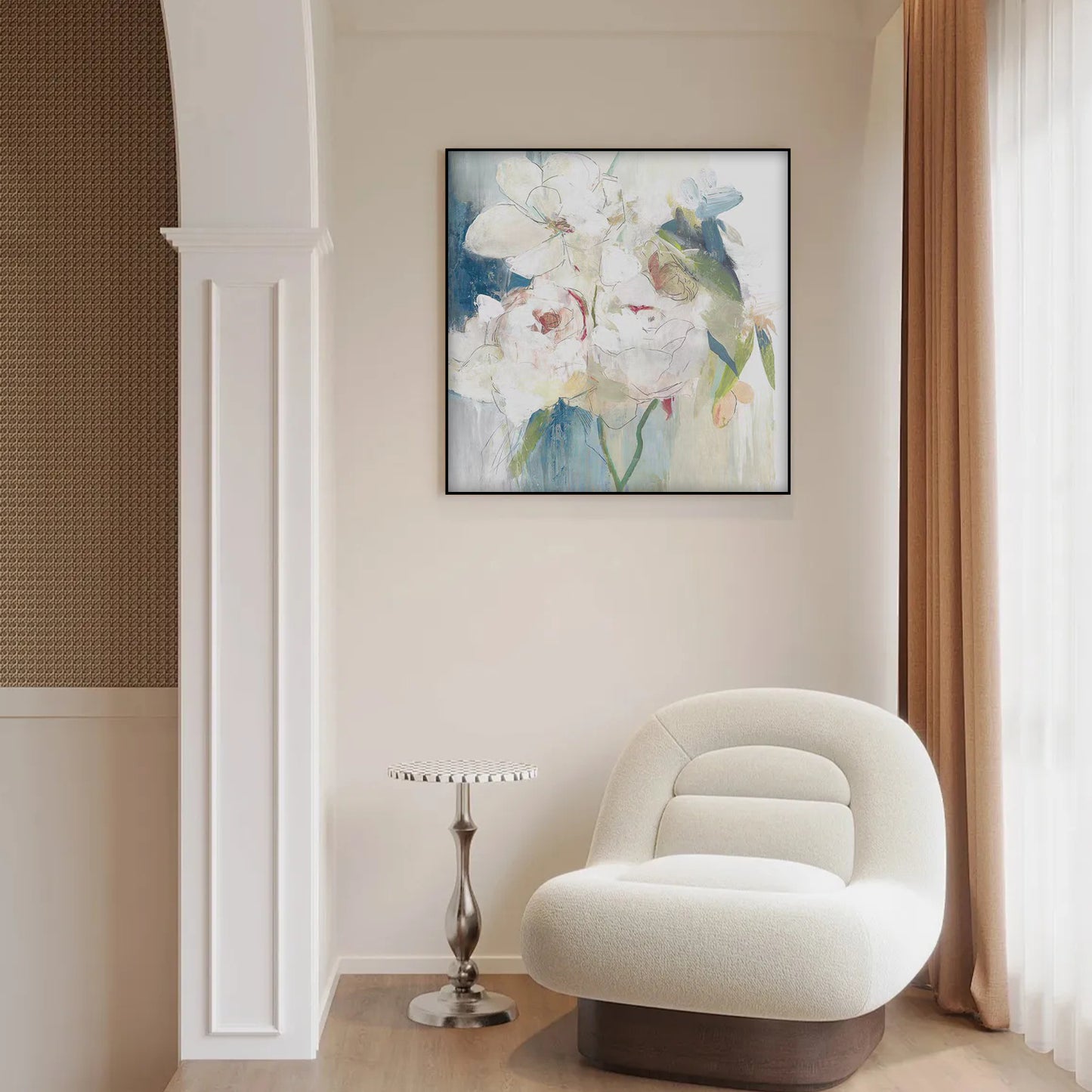 FLOWER PAINTING, WHITE FLOWER BLOOM, HAND-PAINTED CANVAS