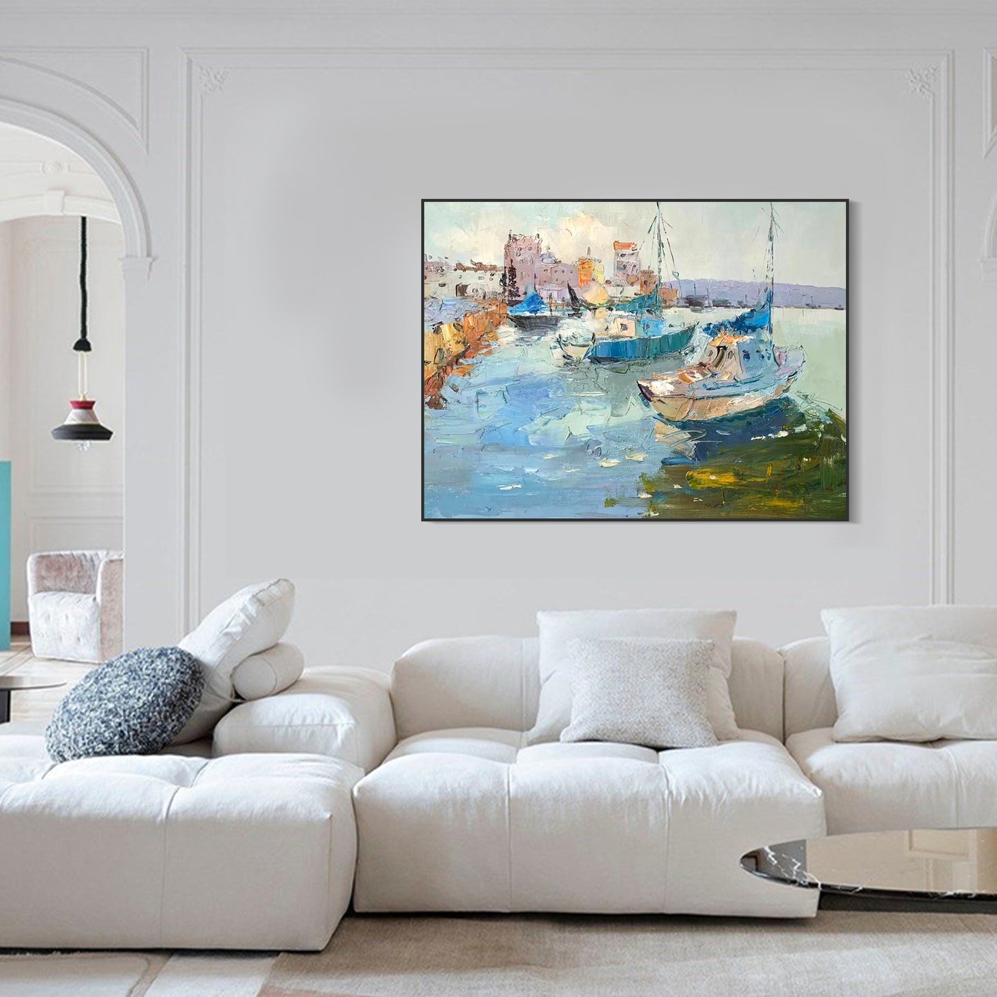 LANDSCAPE PAINTING, QUITE HARBOR, HAND-PAINTED CANVAS
