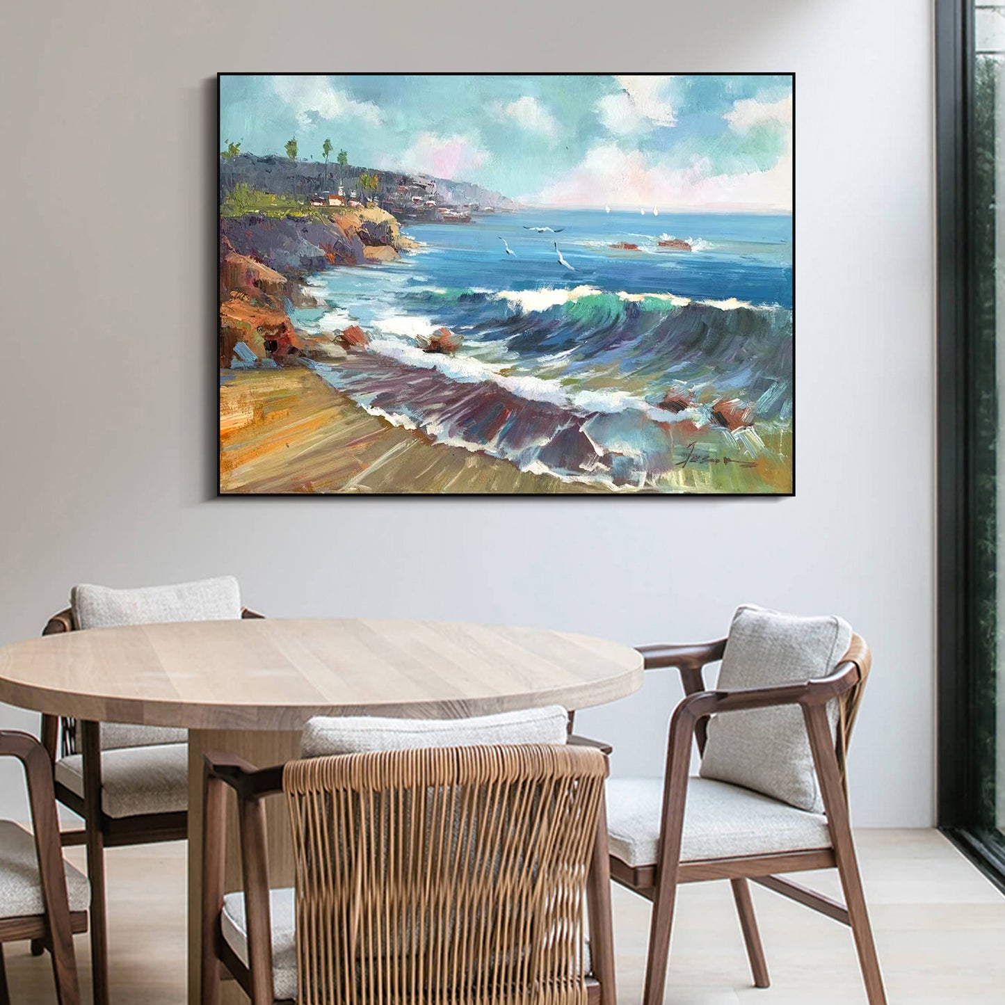 LANDSCAPE PAINTING, COASTLINE, HAND-PAINTED CANVAS