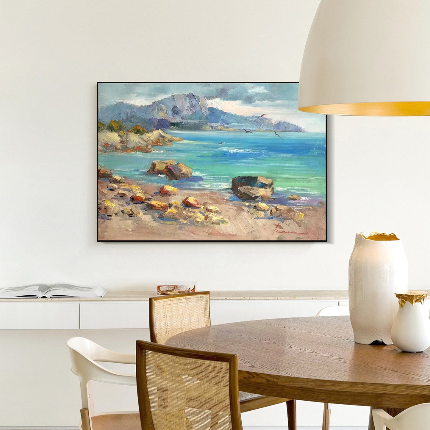 LANDSCAPE PAINTING, COASTAL VIEW WITH SEAGULL, HAND-PAINTED CANVAS