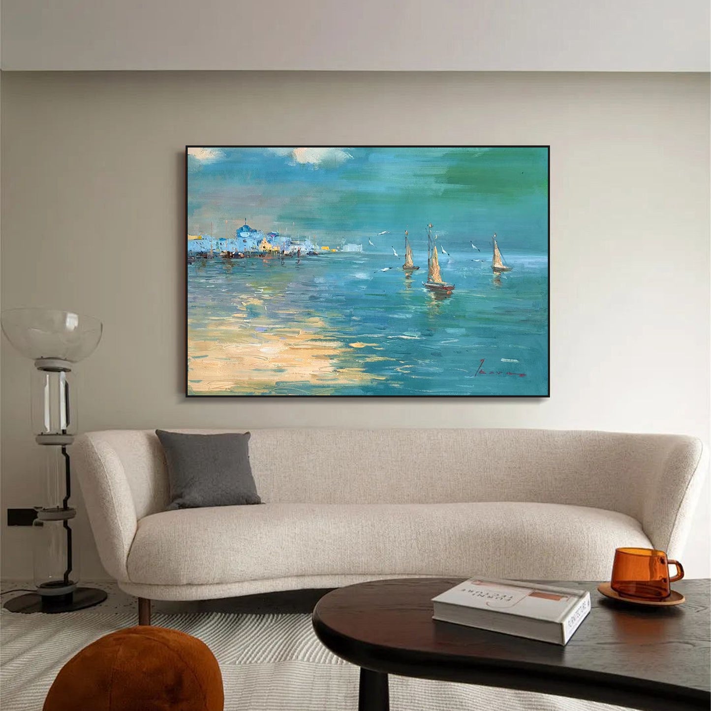 LANDSCAPE PAINTING, COASTAL CITY VIEW, HAND-PAINTED CANVAS