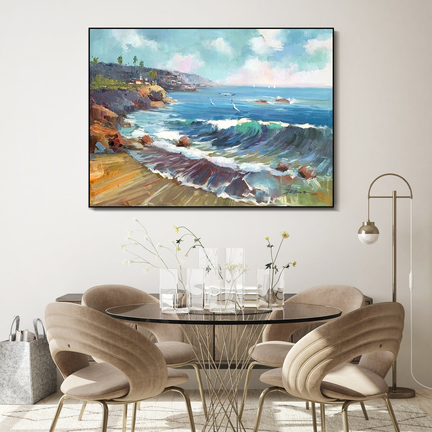 LANDSCAPE PAINTING, COASTLINE, HAND-PAINTED CANVAS